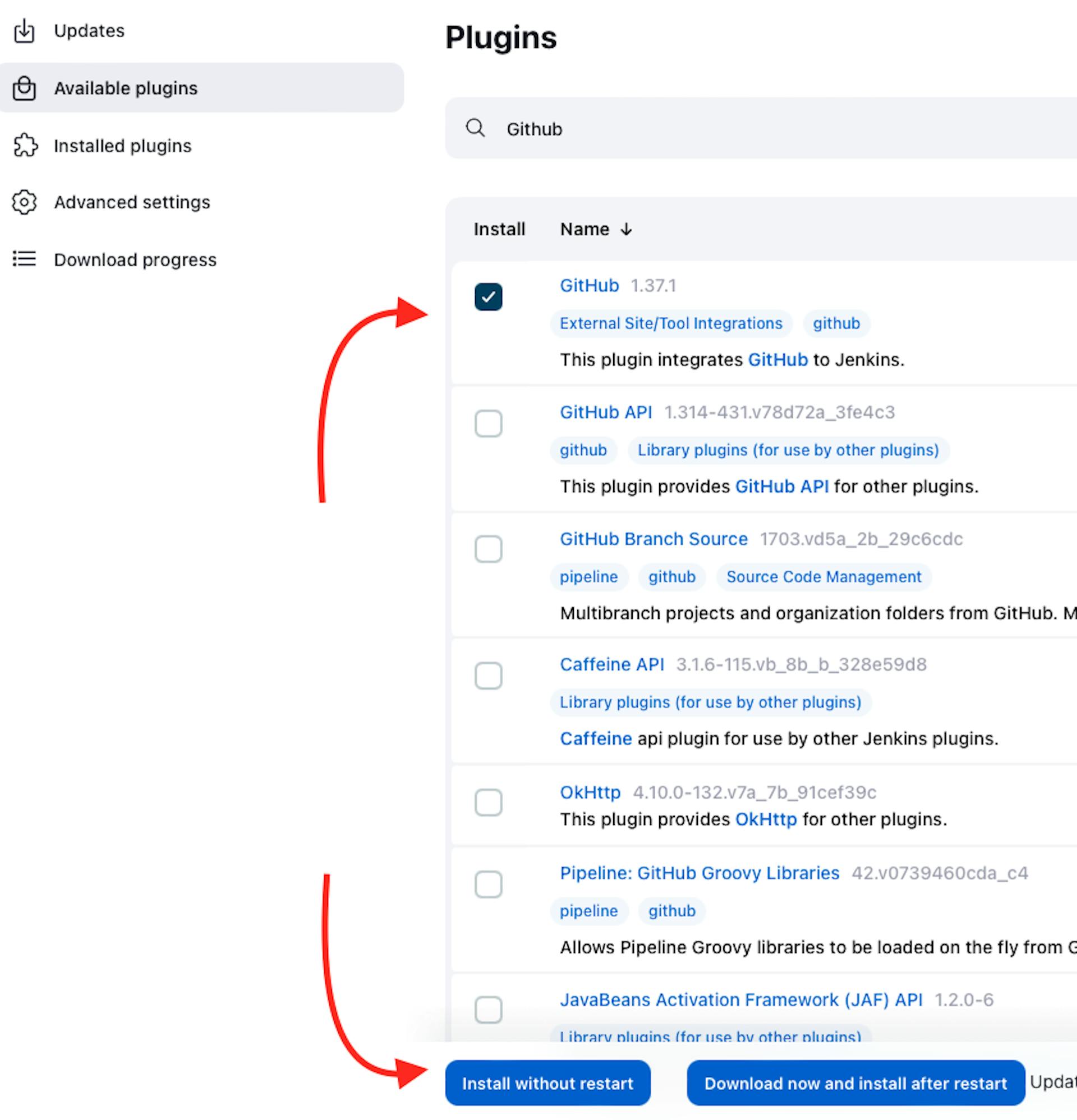 Der Screenshot der Jenkins Plugin Manager-Webseite mit dem Zeiger auf die Schaltfläche „Installieren ohne Neustart“.