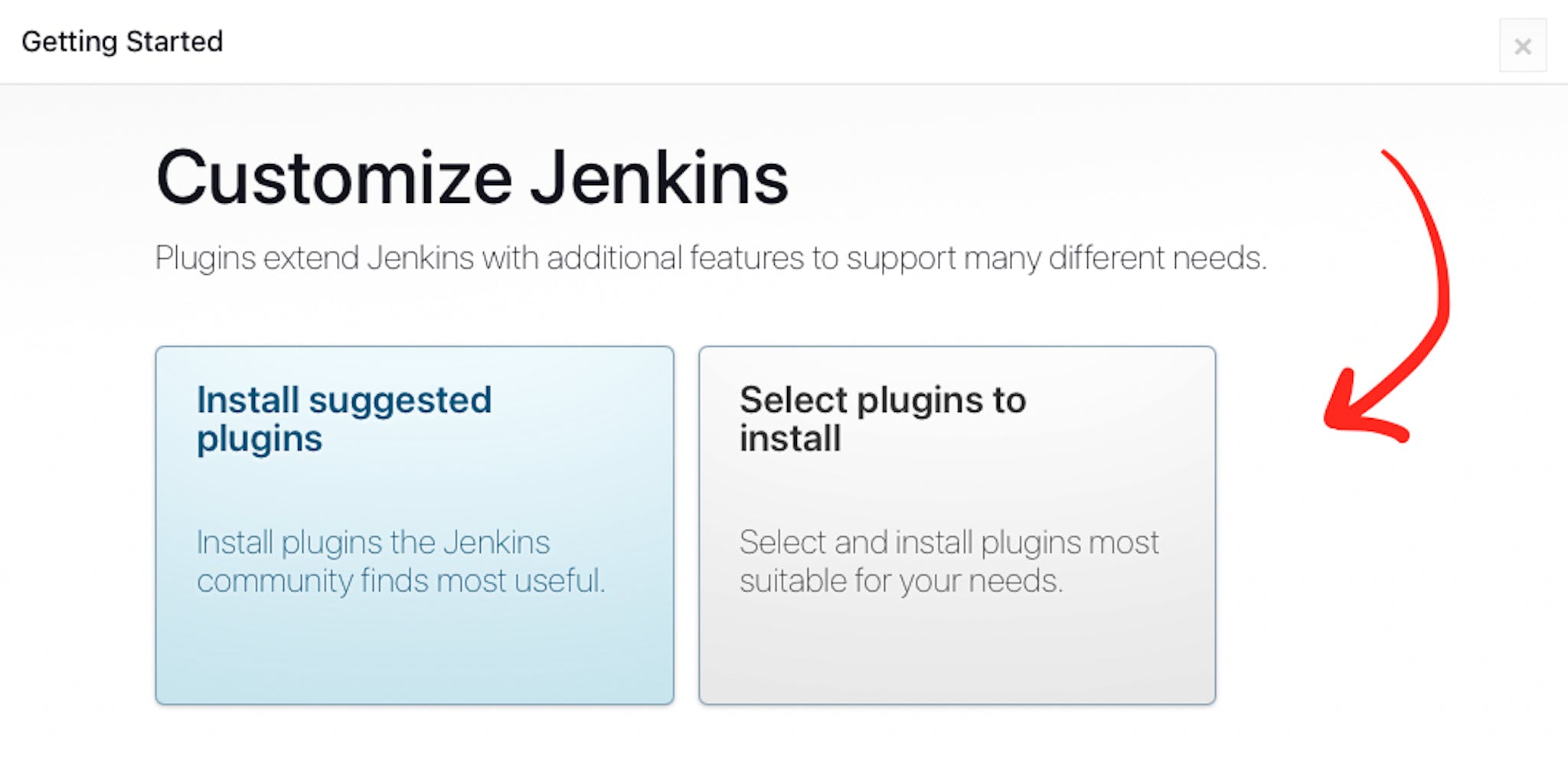"Customize Jenkins" 웹 페이지에 대한 포인터가 있는 AWS EC2 Virtual Server에 설치된 Jenkins의 스크린샷