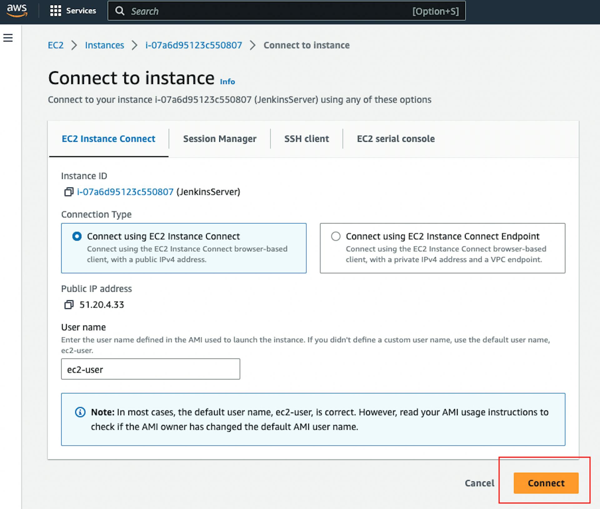 The screenshot of AWS "Connect to Instance" web page with the pointer to "Connect" button