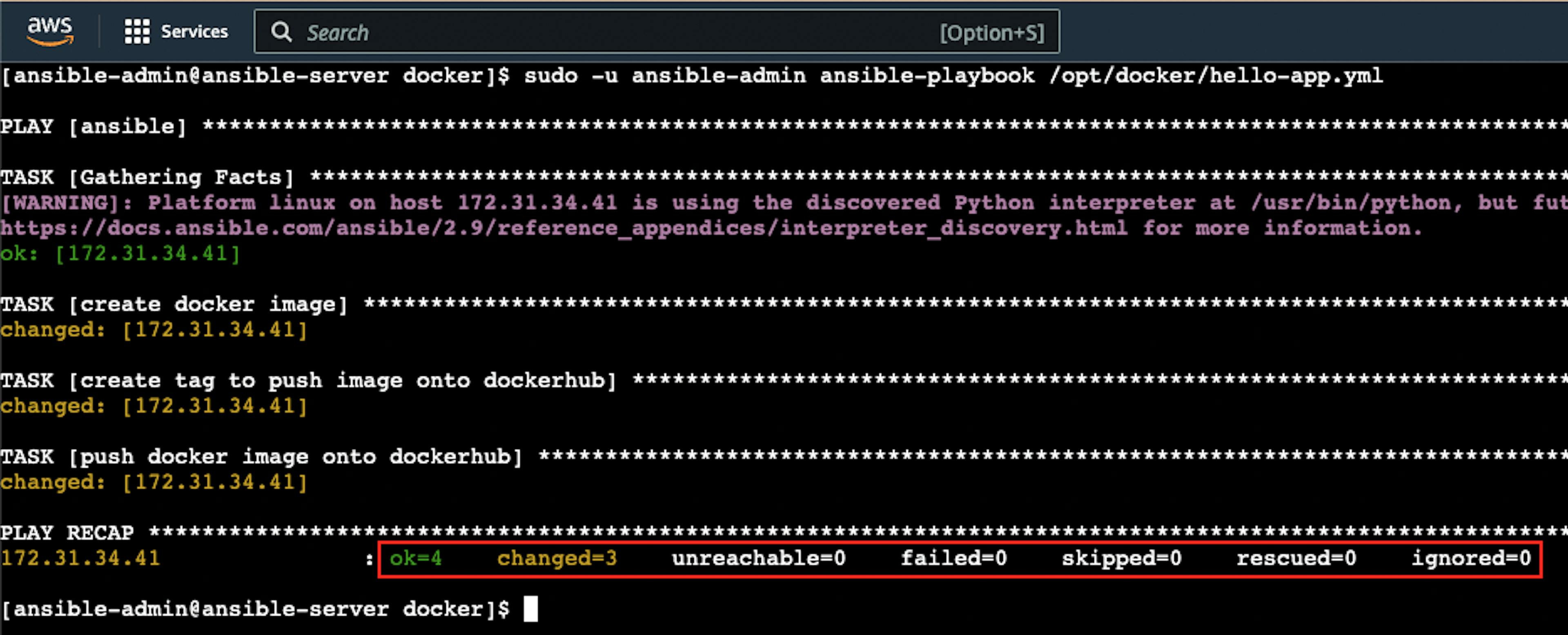 La captura de pantalla del resultado de la ejecución exitosa del libro de jugadas de Ansible para tareas de Docker