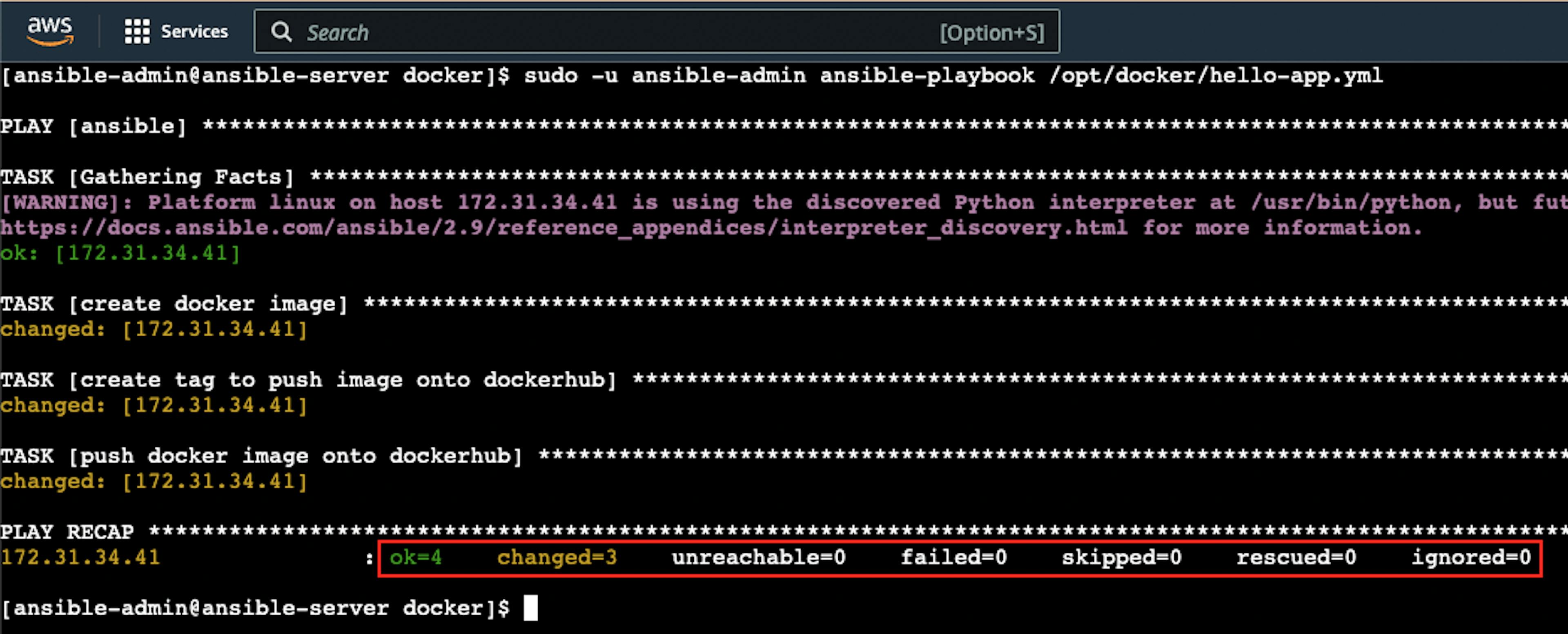 A captura de tela do resultado de execução bem-sucedida do manual ansible para tarefas docker