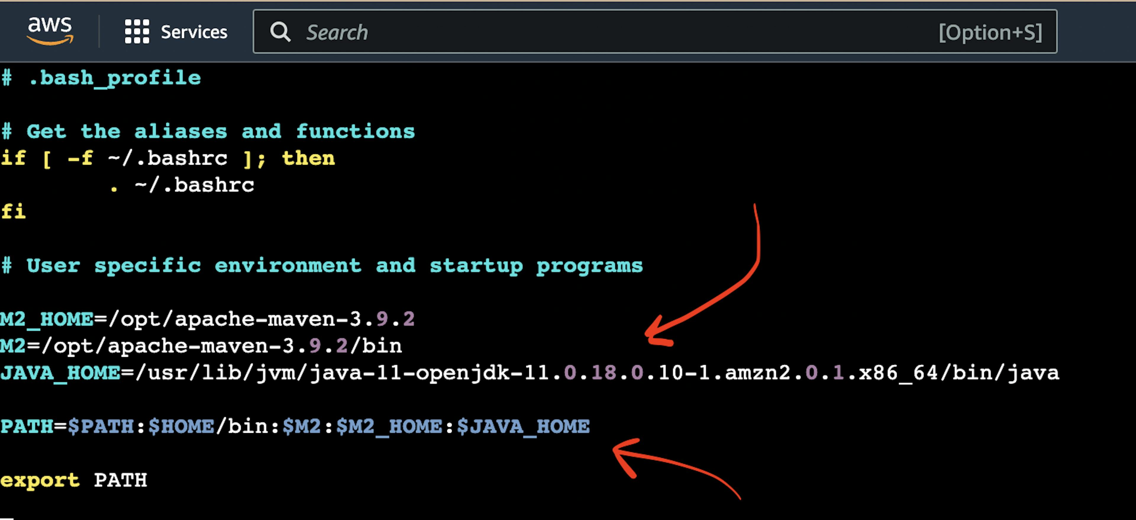 La capture d'écran de la page Web du terminal d'instance AWS EC2 Virtual Server avec le fichier .bash_profile