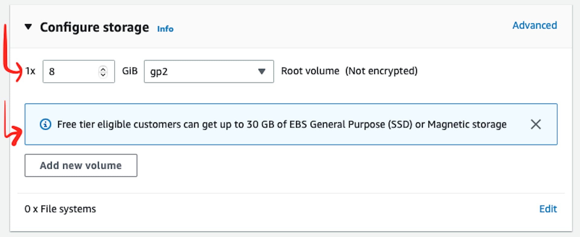 The screenshot of AWS web page with the pointer to storage possible configurations in "Configure storage" section