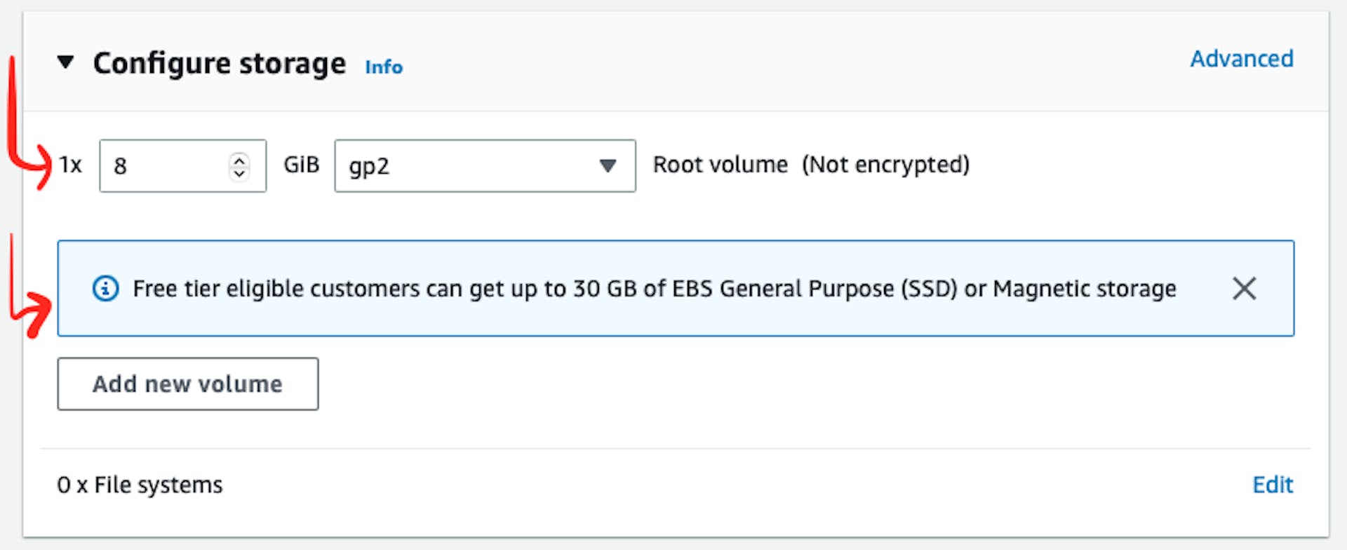 「ストレージの構成」セクションにあるストレージの可能な構成へのポインターが表示された AWS Web ページのスクリーンショット