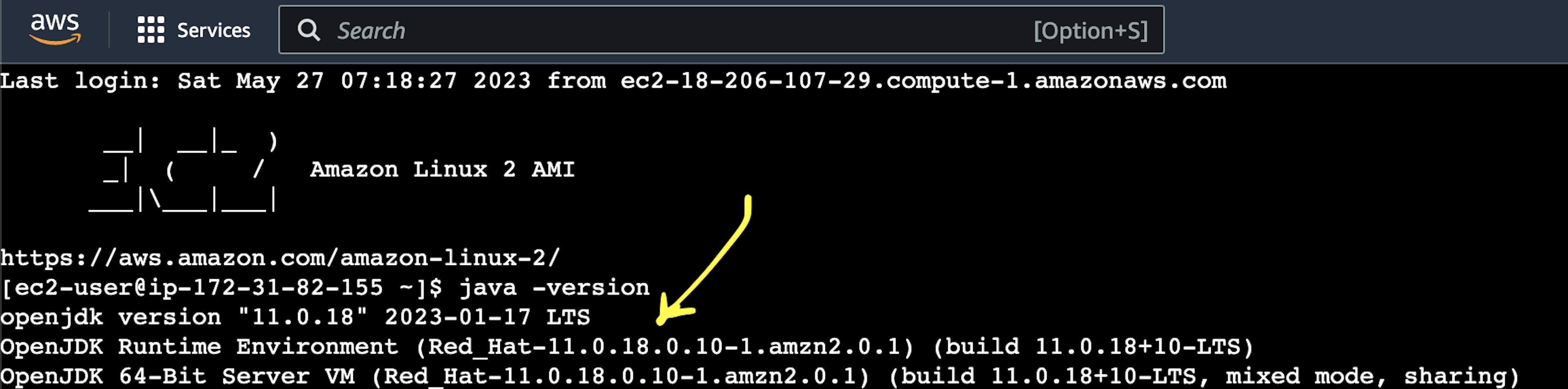 La captura de pantalla del terminal en línea de la instancia del servidor virtual AWS EC2 con JDK 11 instalado