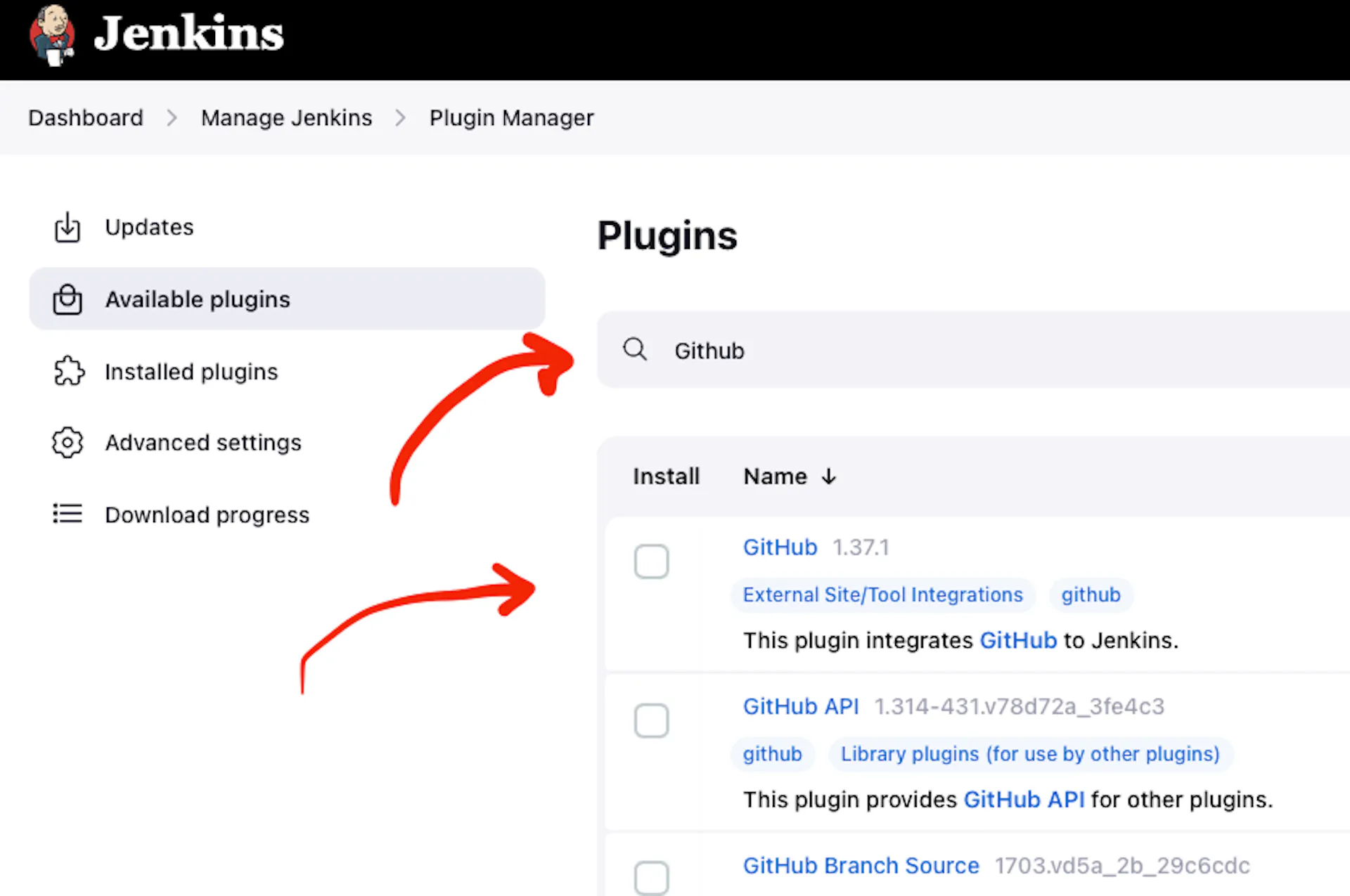 The screenshot of Jenkins Plugin Manager web page with the pointer to ...