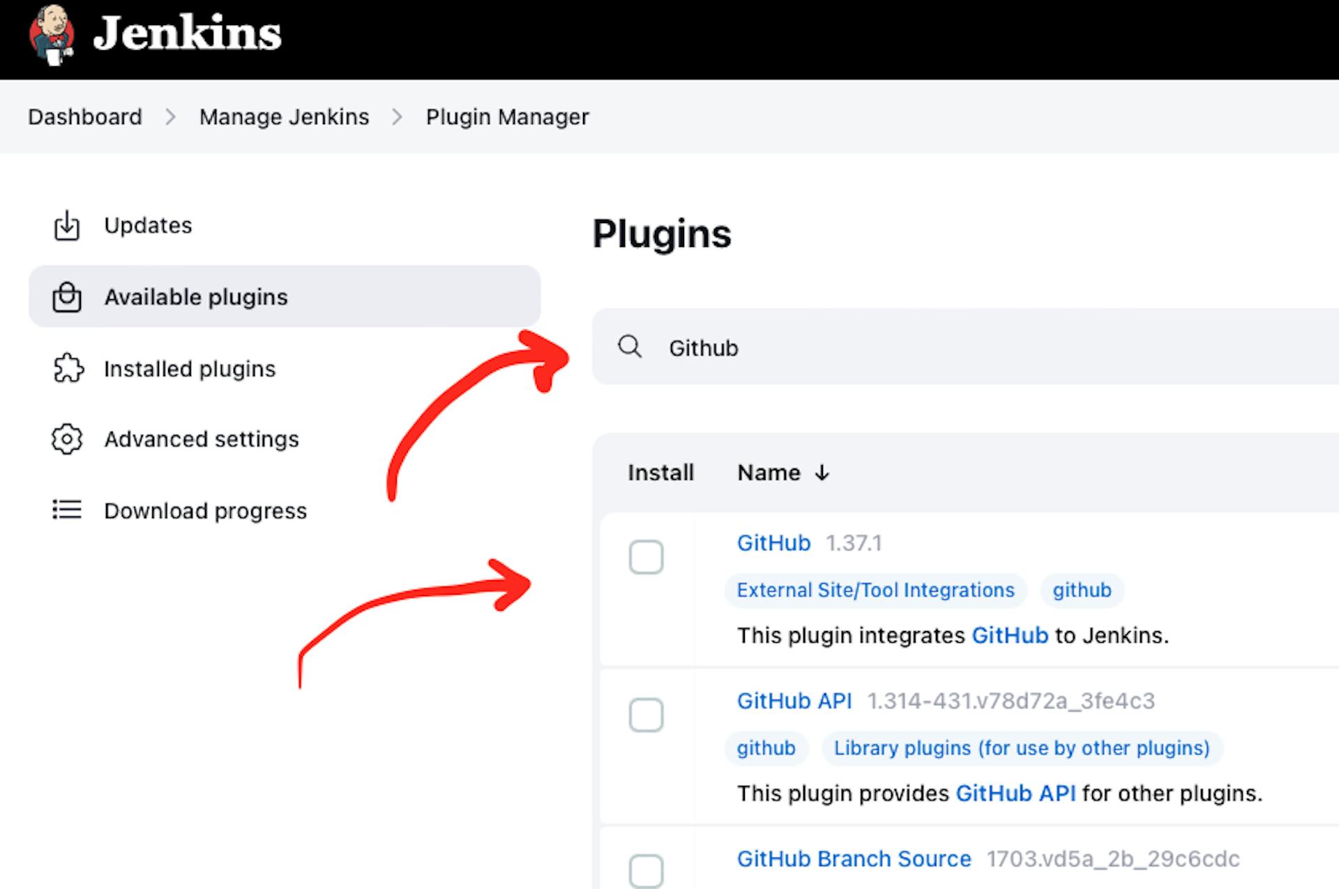 The screenshot of Jenkins Plugin Manager web page with the pointer to "Github" plugin