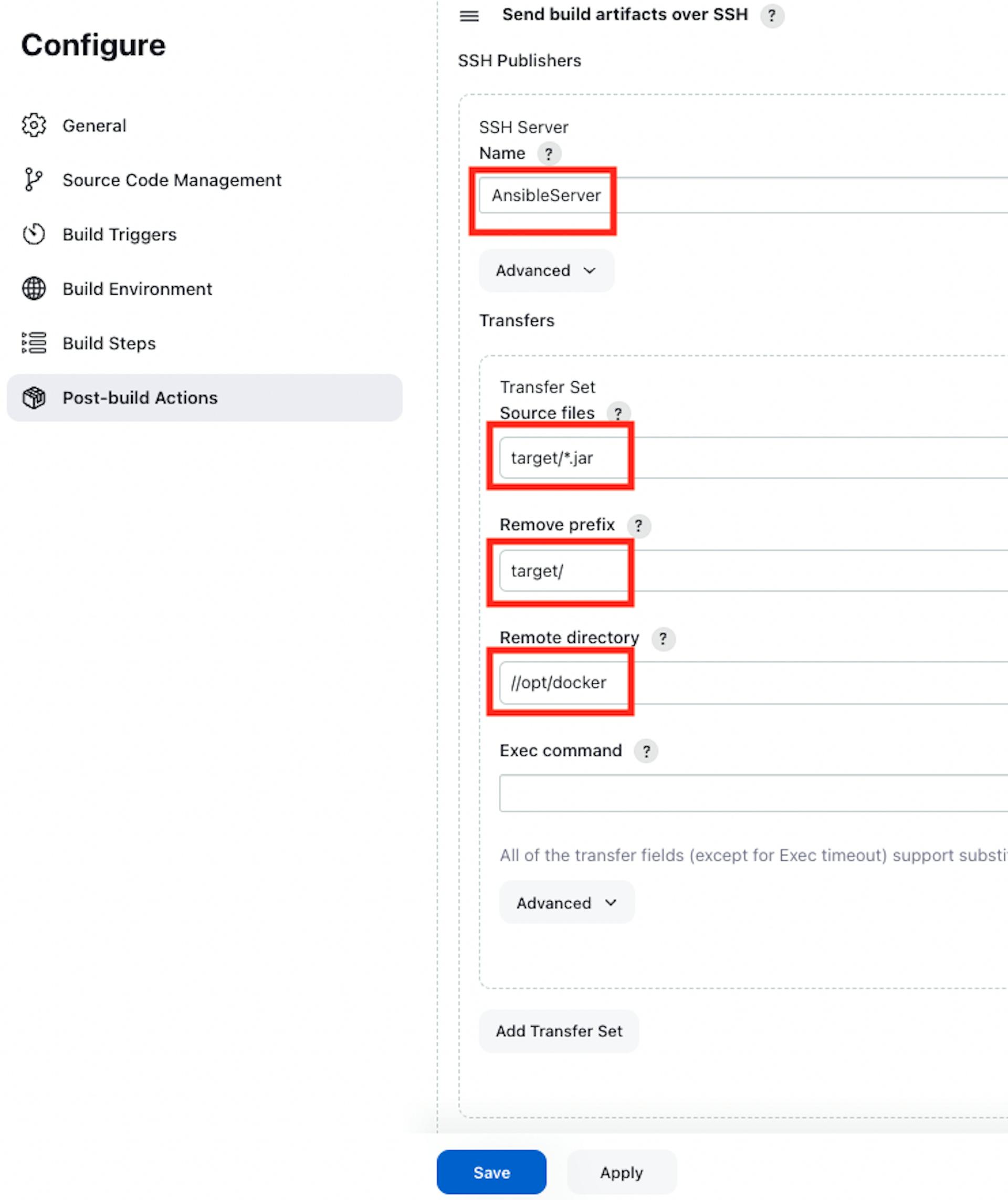 La capture d'écran de la section « Envoyer l'artefact de build via SSH » dans la configuration du pipeline