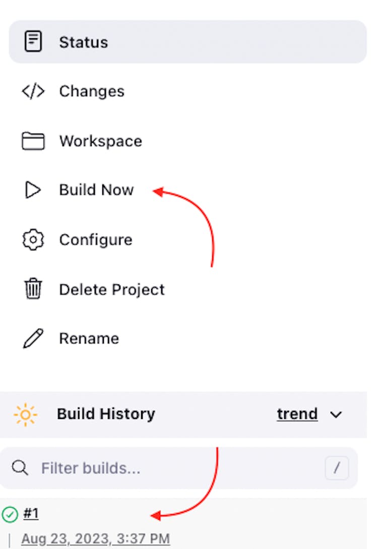 La capture d'écran de la page Web de Jenkins avec des pointeurs vers le bouton « Construire maintenant » et la section « Historique de construction »