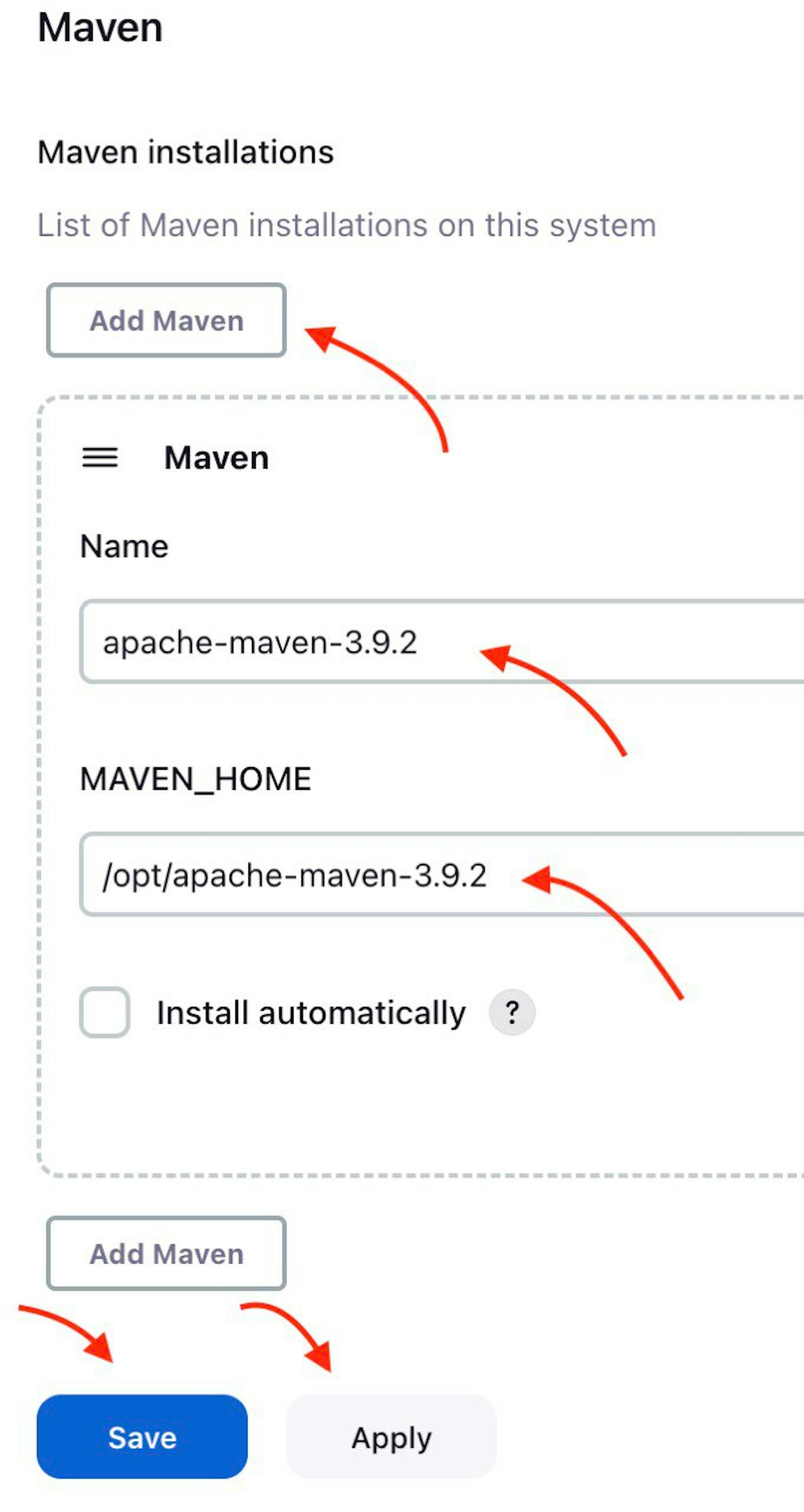 安装在 AWS EC2 虚拟服务器上的 Jenkins 的屏幕截图，其中包含指向 Apache Maven 配置的指针
