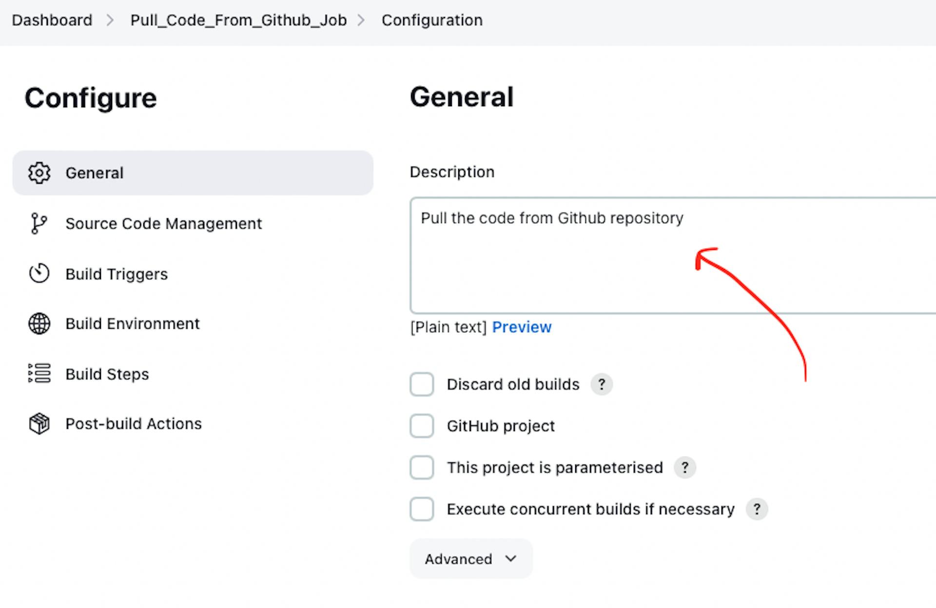 The screenshot of Jenkins Job configuration web page with the pointer to "Description" input box