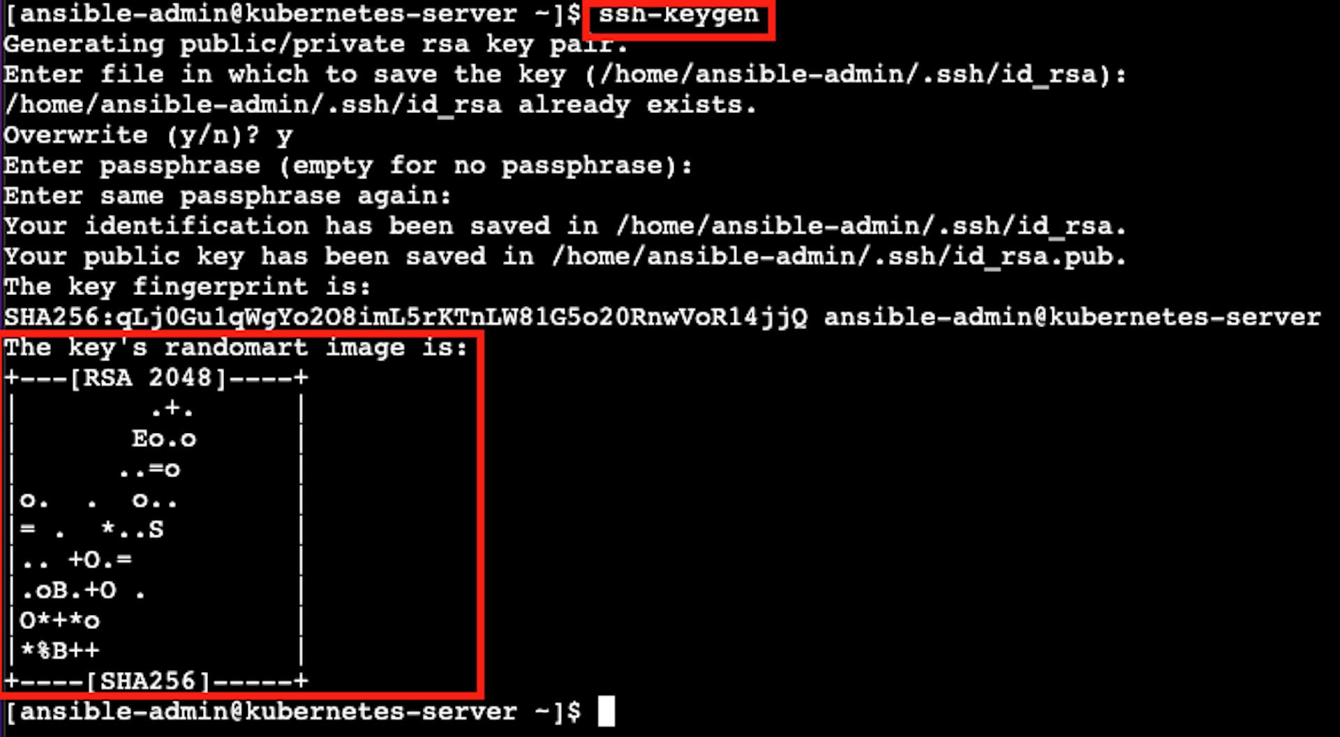 AWS EC2 Virtual Server 实例终端的屏幕截图，其中包含指向 ssh-keygen 结果的指针