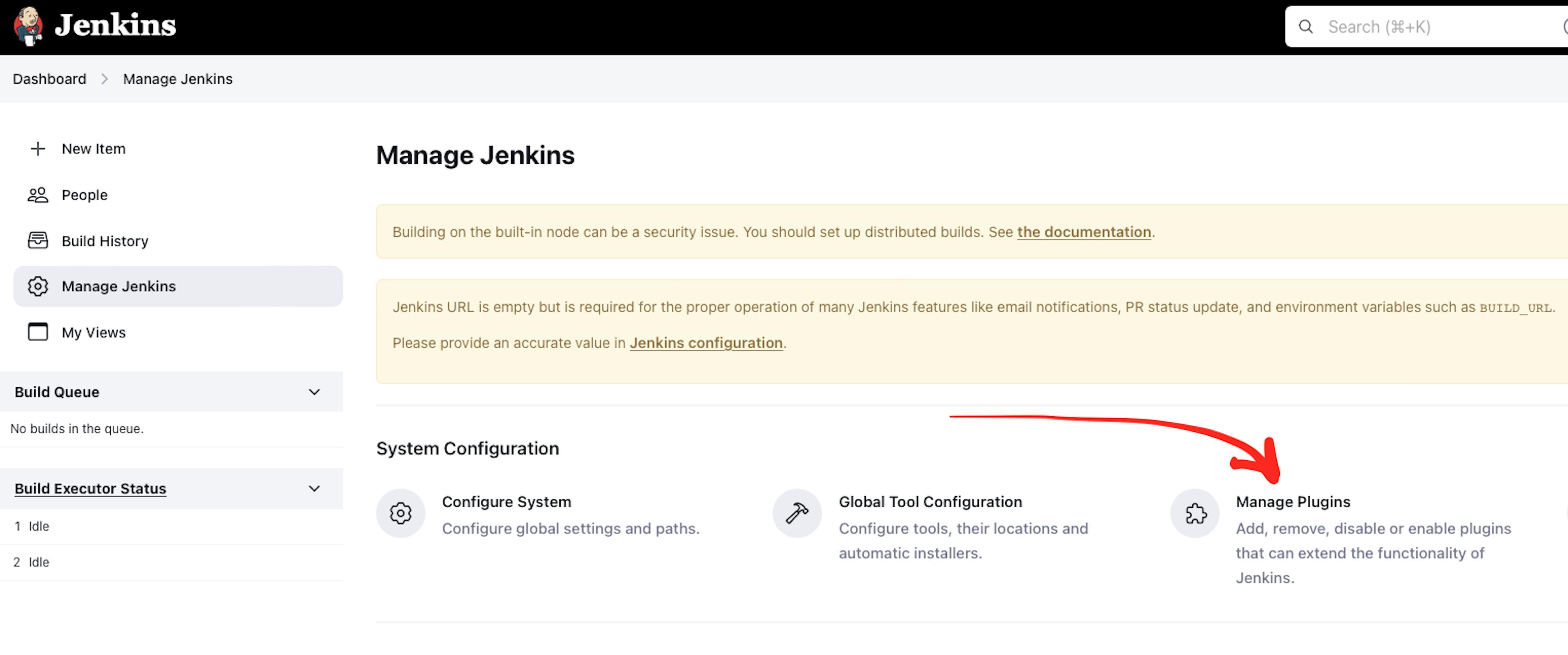 Jenkins 仪表板的屏幕截图，其中指针指向“管理插件”按钮