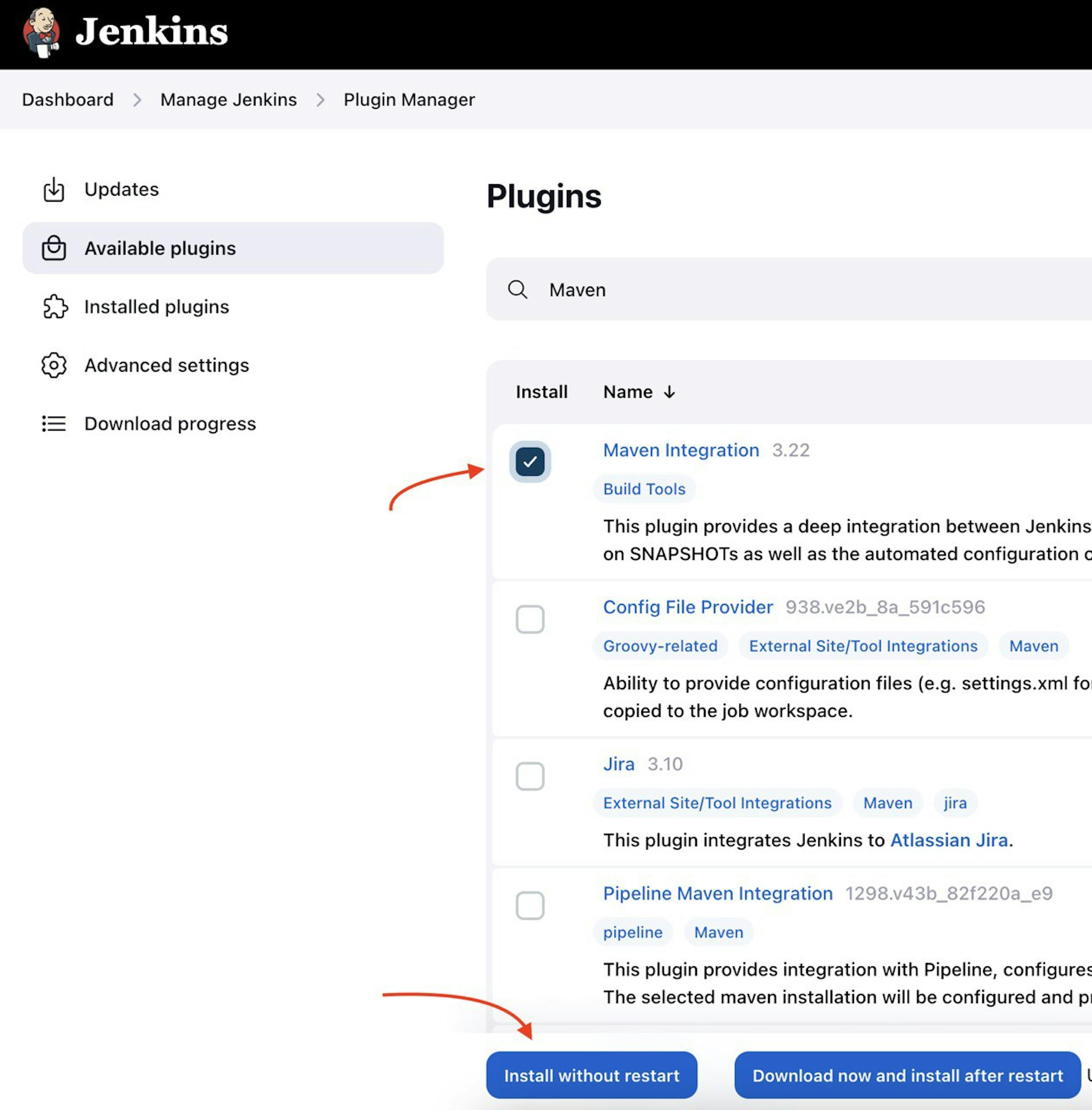 A captura de tela do Jenkins instalado no servidor virtual AWS EC2 com o ponteiro para o plugin Maven