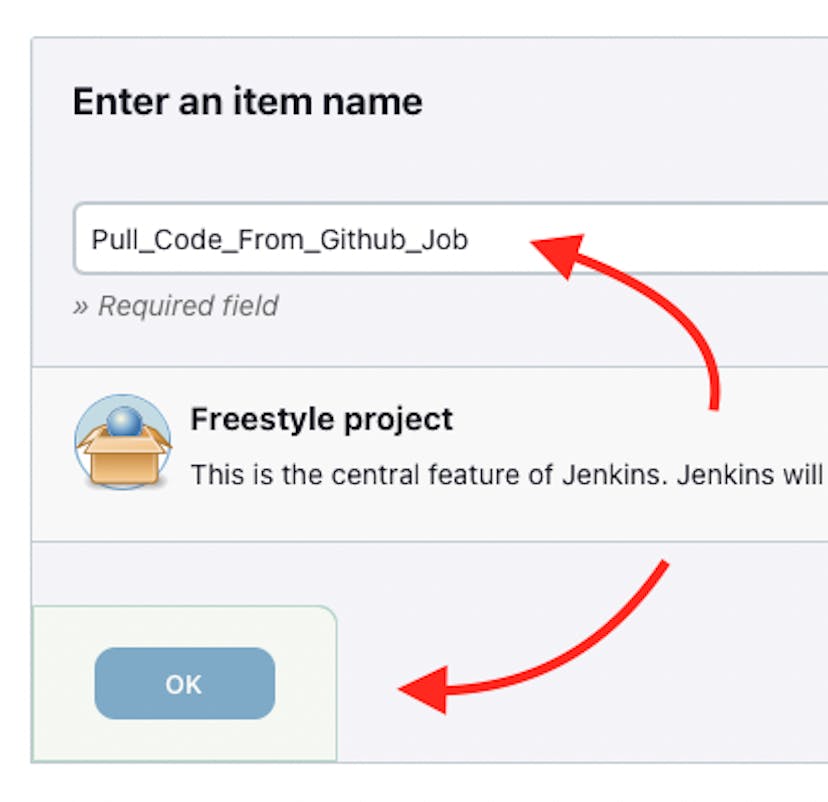 Jenkins New Item 网页的屏幕截图，其中指针指向“Item name”项目框