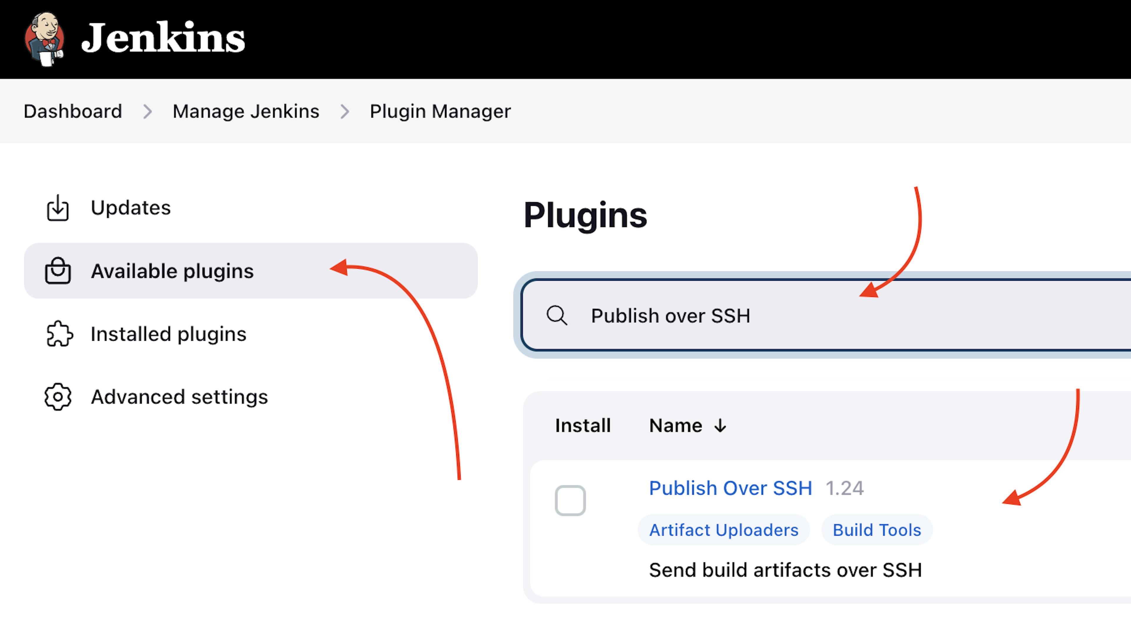 "사용 가능한 플러그인" 웹 페이지에 대한 포인터가 있는 AWS EC2 Virtual Server에 설치된 Jenkins의 스크린샷