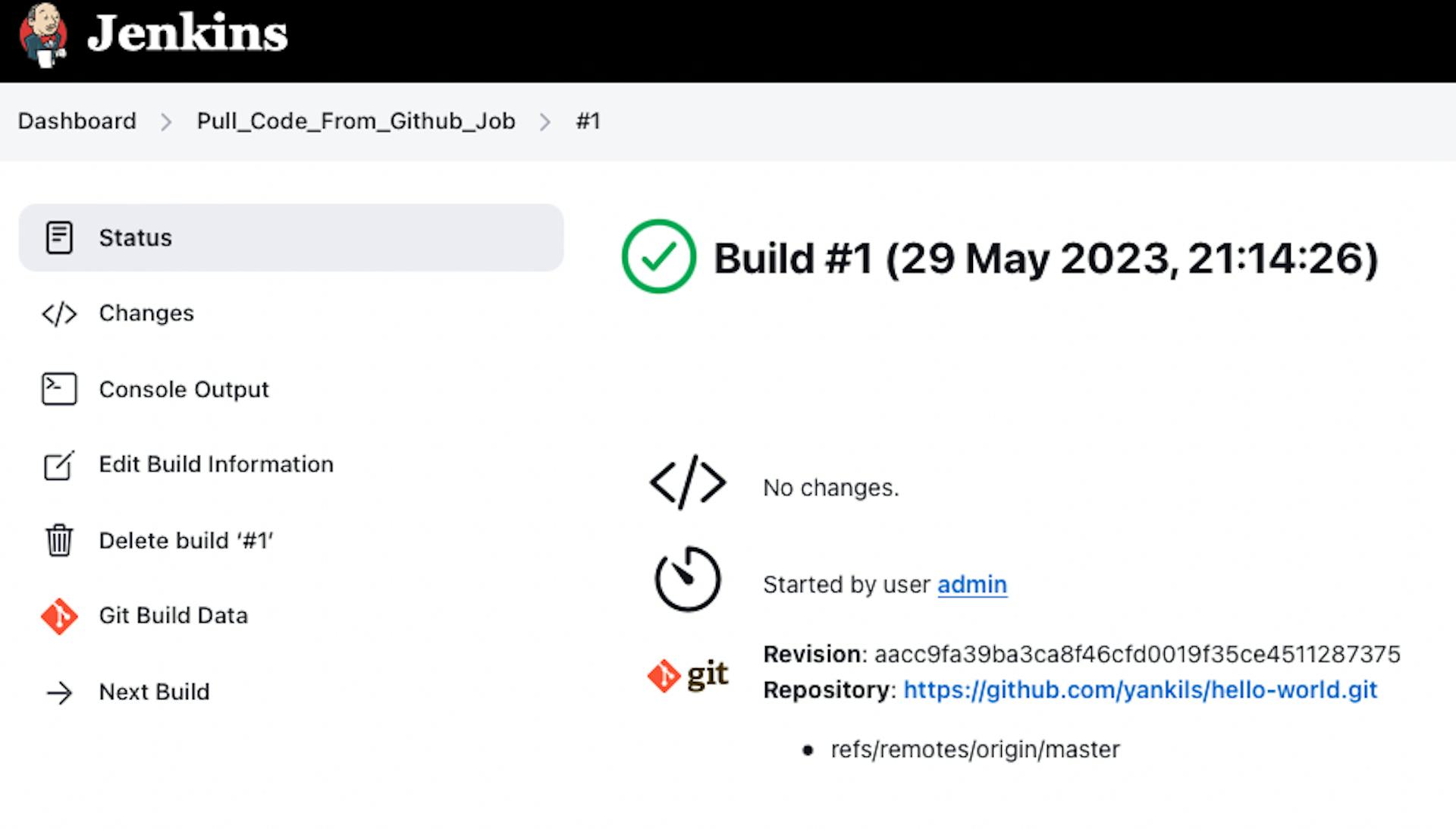 The screenshot of Jenkins Pull_Code_From_Github_Job with successful job result
