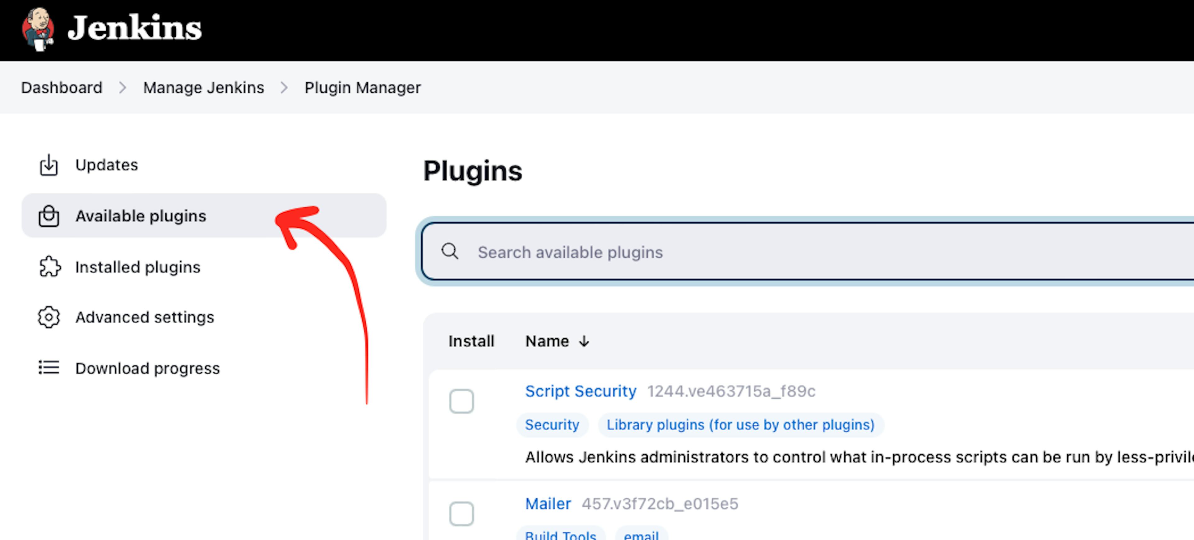 Снимок экрана веб-страницы Jenkins Plugin Manager с указателем на кнопку «Доступные плагины».