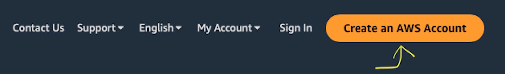The screenshot of AWS main web page with the pointer to "Create an AWS Account" button