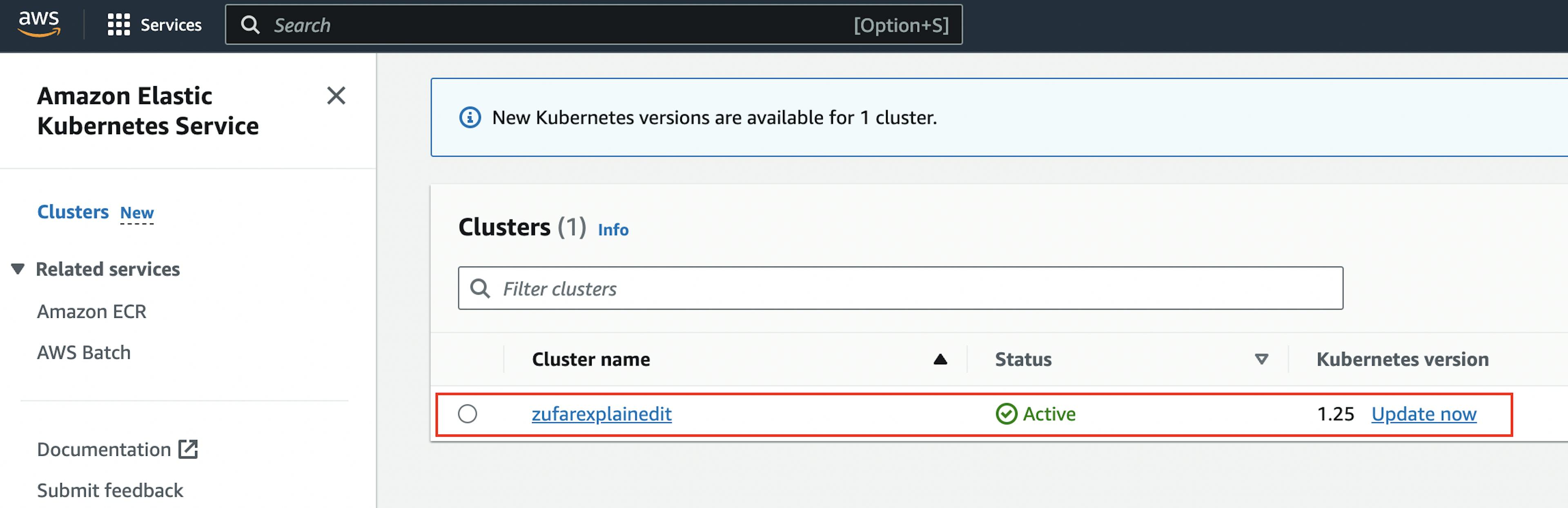 The screenshot of AWS web page with the pointer to AWS CloudFormation where you can see EKS cluster creation result