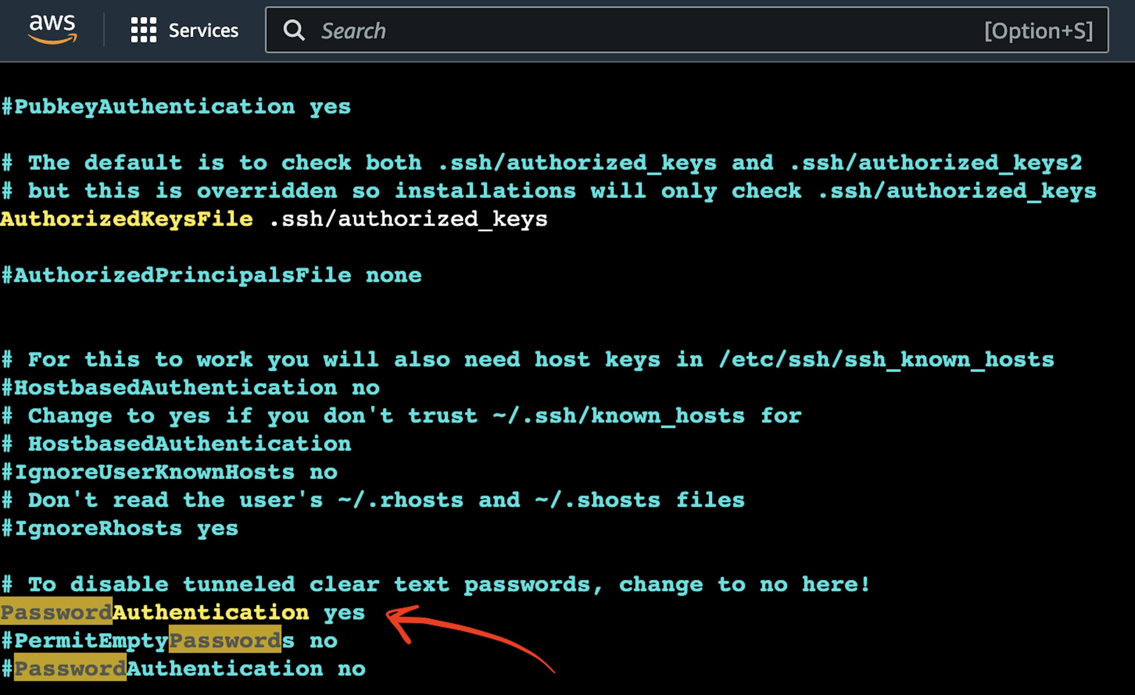 The screenshot of AWS EC2 Virtual Server instance terminal with the pointer to admin settings