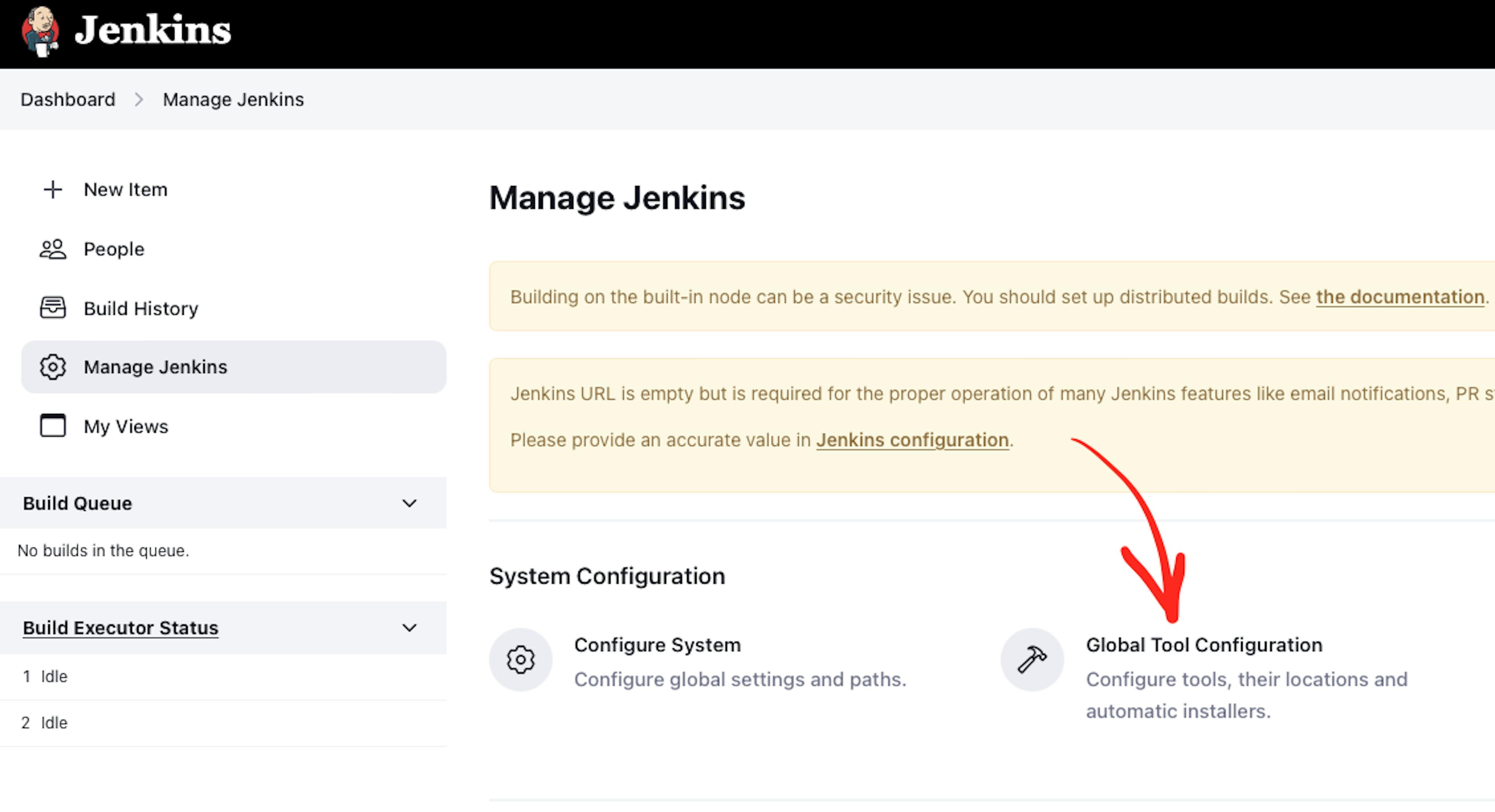 A captura de tela da página da web do Jenkins Plugin Manager com o ponteiro para o botão "Configuração global da ferramenta"