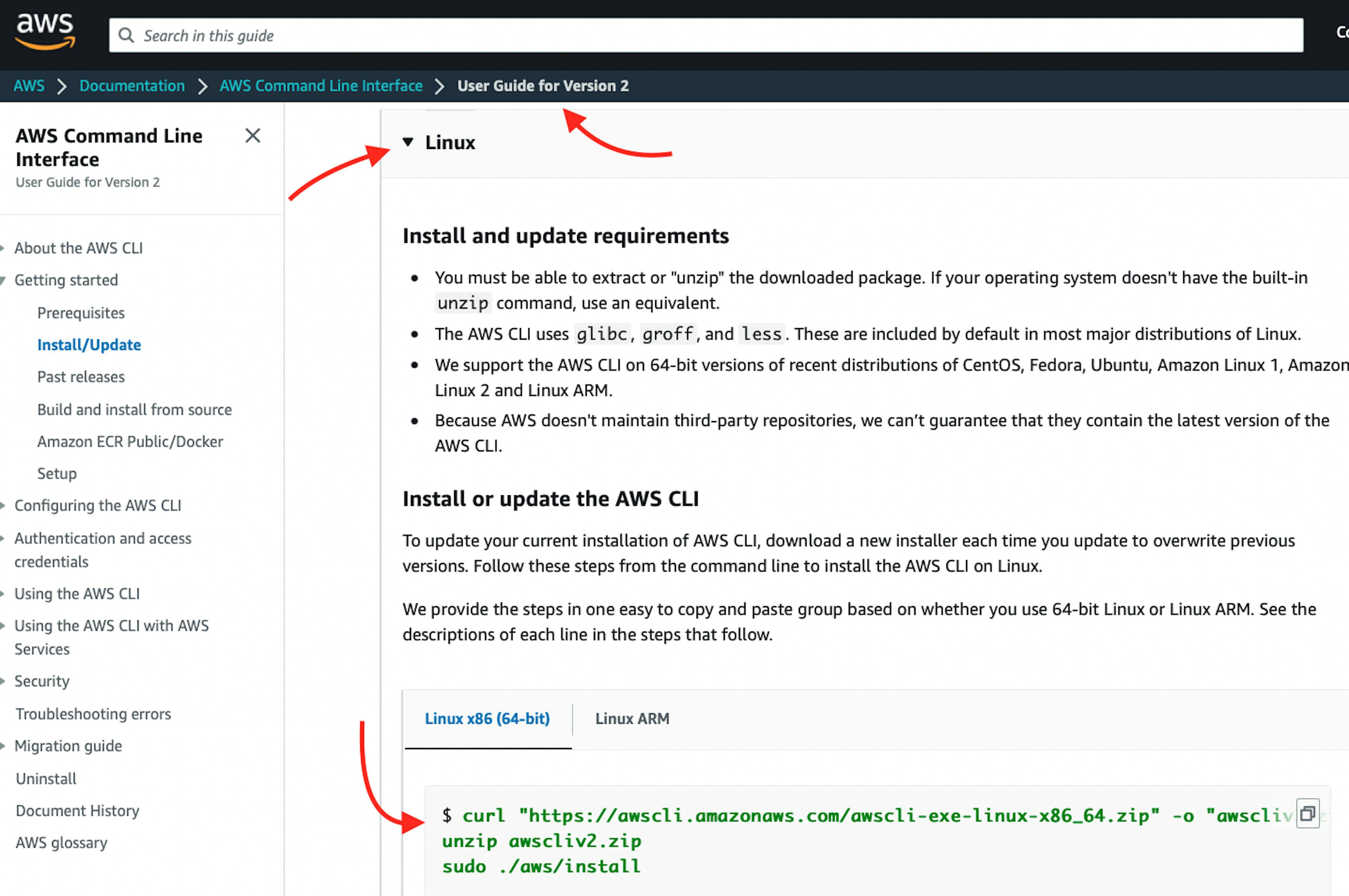 A captura de tela da página da instância do servidor virtual AWS EC2 com o guia do usuário para a versão 2