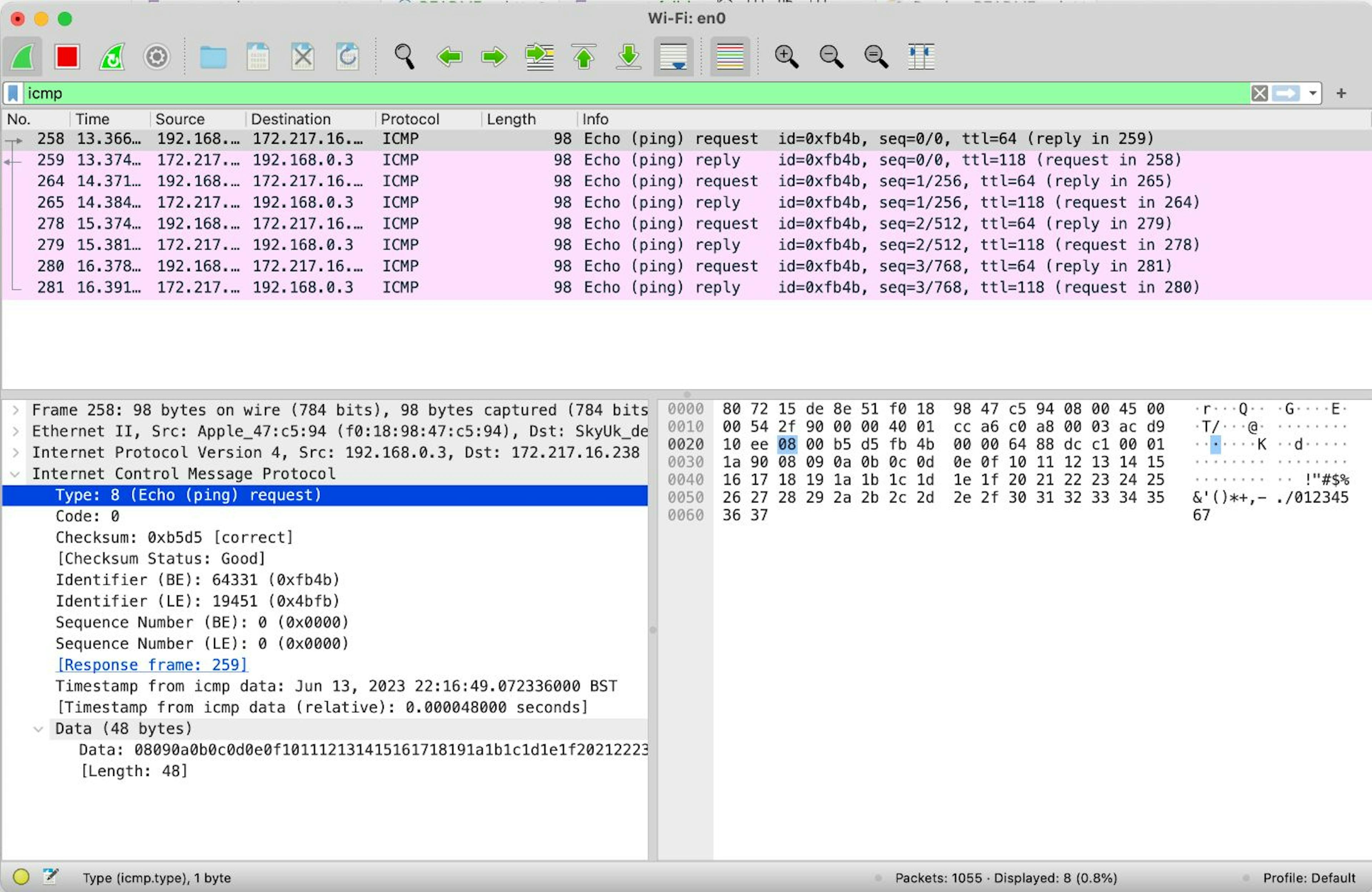 Wireshark screen with ICMP ping requests and responses