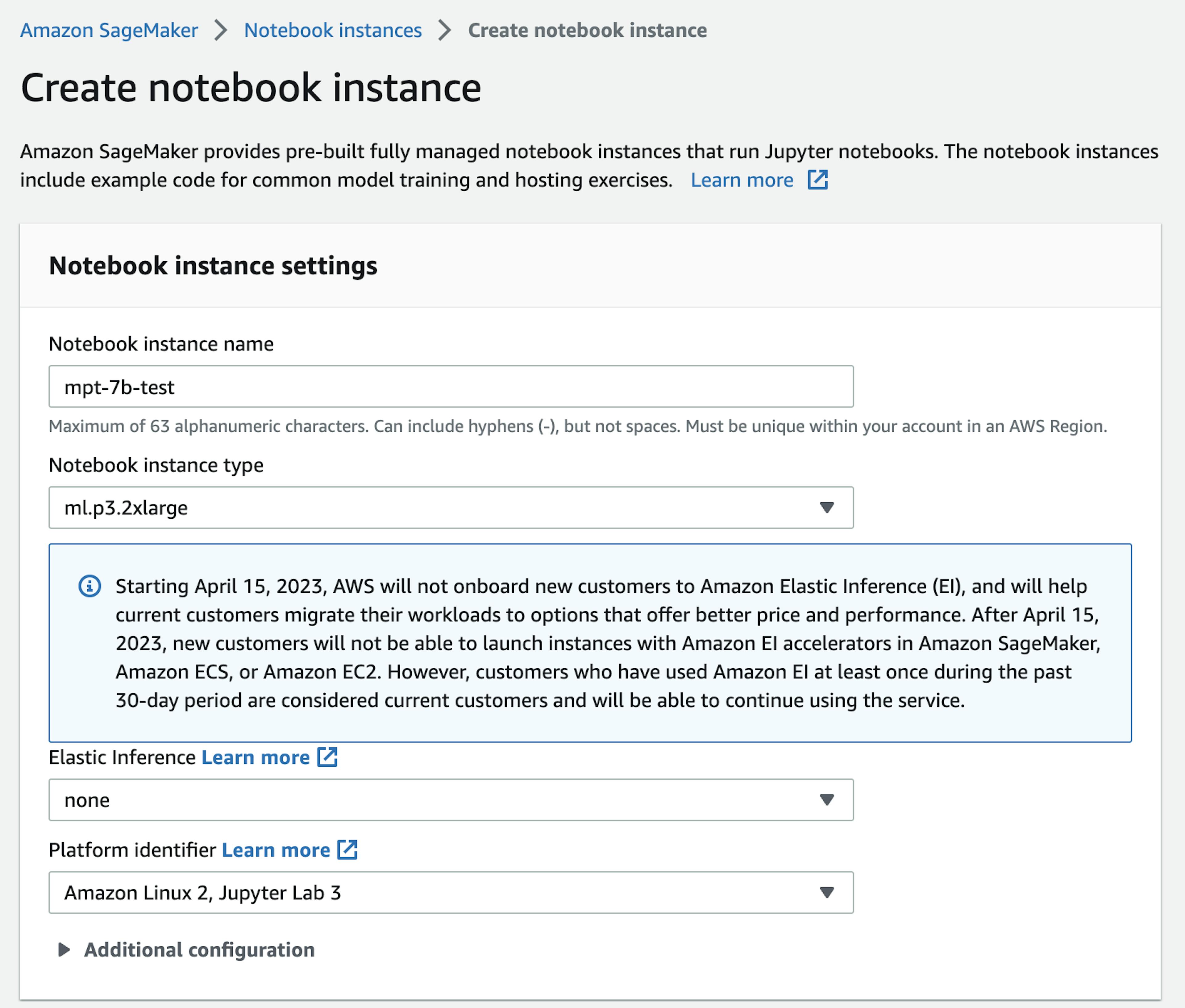 Specify notebook instance details. Image credit: Author