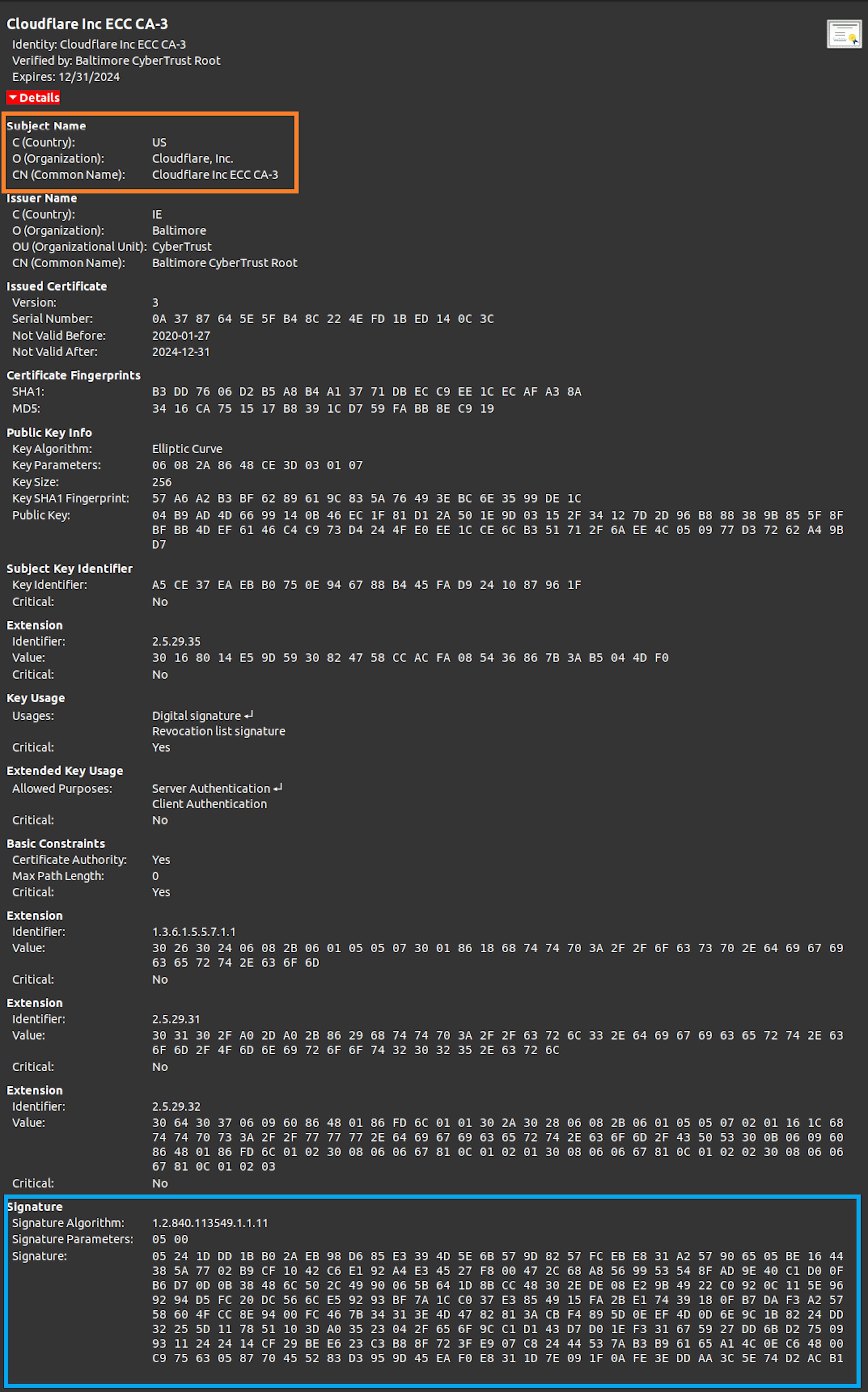 Pic 5. Details of Cloudflare CA