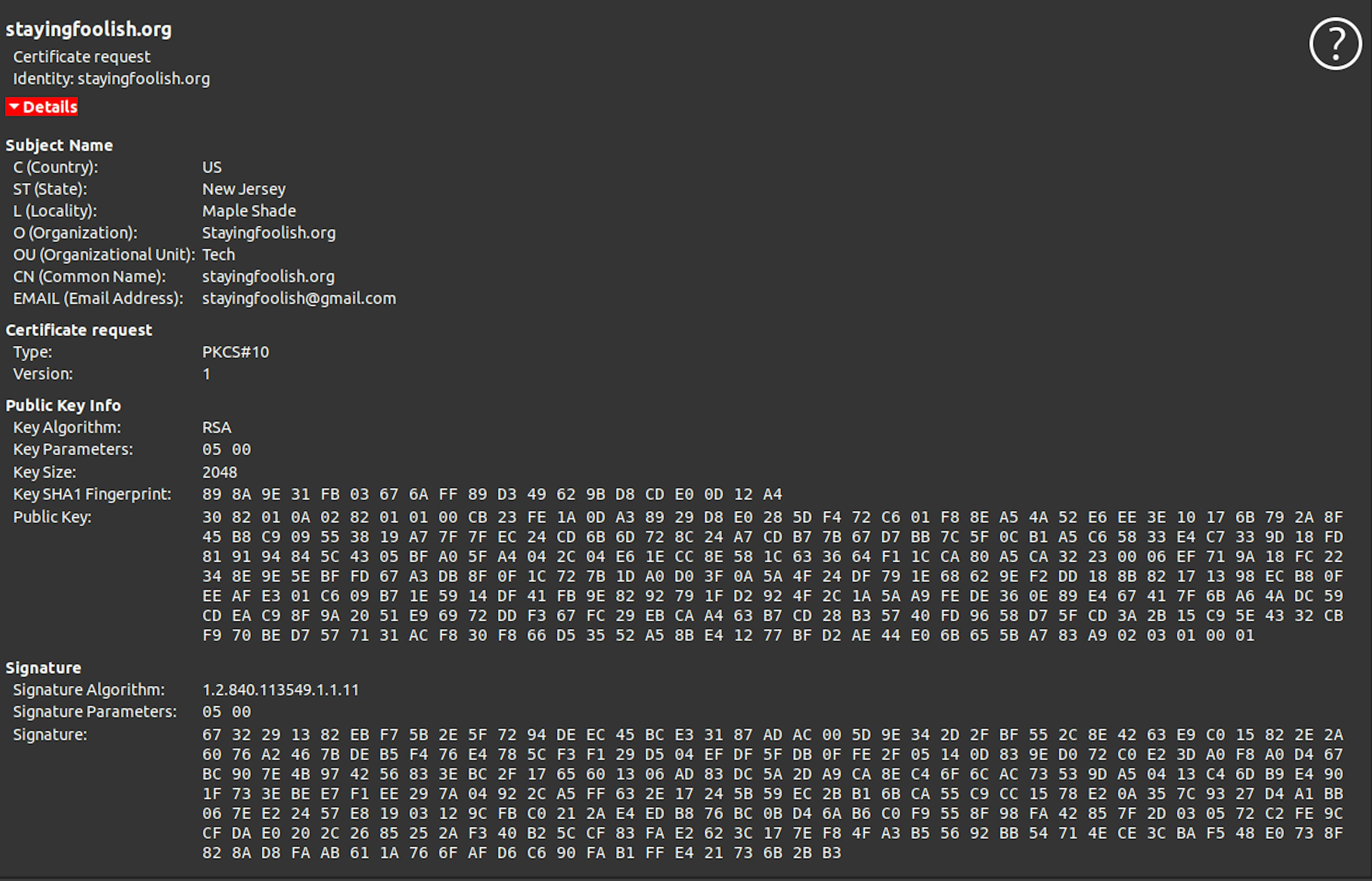 Pic 1. A sample CSR file. Notice the CSR file is only containing the PUBLIC key and some metadata which I provided in step 2 while generating it. My system is not able to verify its authenticity, hence the question mark on the top right. We will discuss the signature in greater detail in a bit.