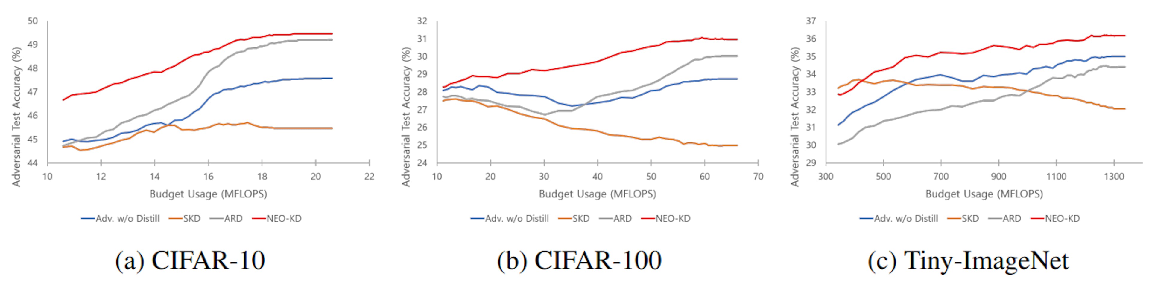 Figure 3: Budgeted prediction setup: Adversarial test accuracy under max-average attack. The result for LW is excluded since the performance is too low and thus hinders the comparison between baselines and NEO-KD.