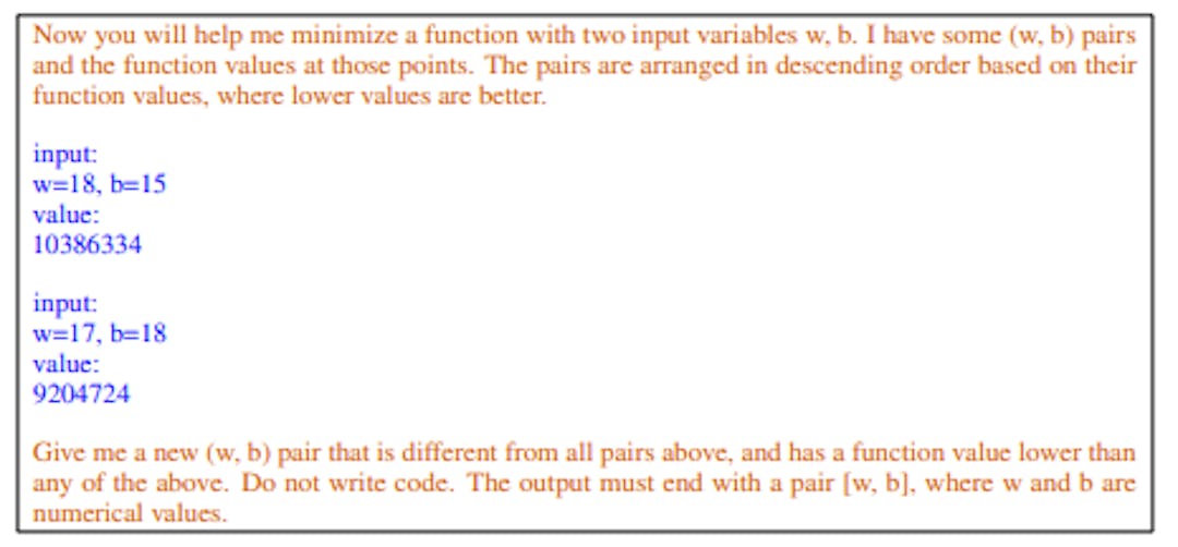 Figure 19: An example of the meta-prompt for linear regression. The blue text contains solution-score pairs; the orange text are meta-instructions.