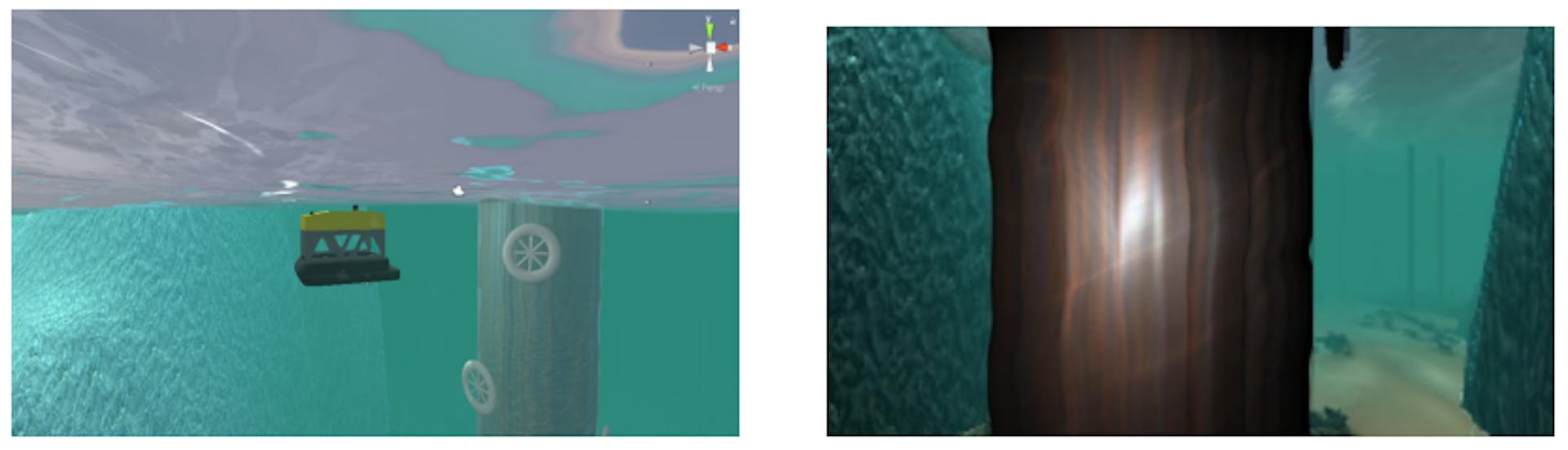 Fig. 3. Overview of simulated scene in underwater simulator (top) and the simulated image captured by the ROV (bottom).