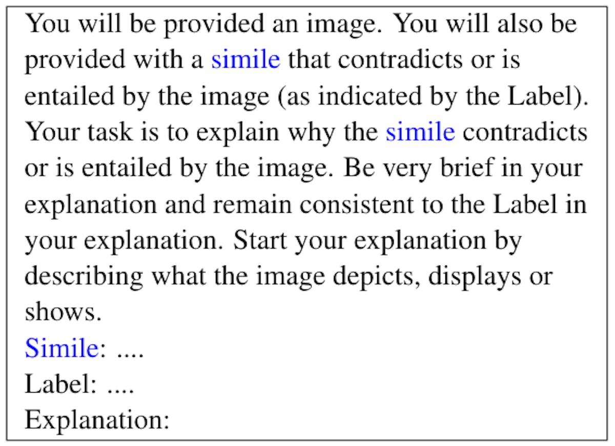 Table 10: Zero shot prompt given to an LLM (gpt-4-vision-preview) for generating explanations of entailment-contradiction relationship of the IRFL Dataset. The dataset contains similes, metaphors and idioms. For metaphors and idioms, the word simile in the prompt is replaced with the corresponding type.