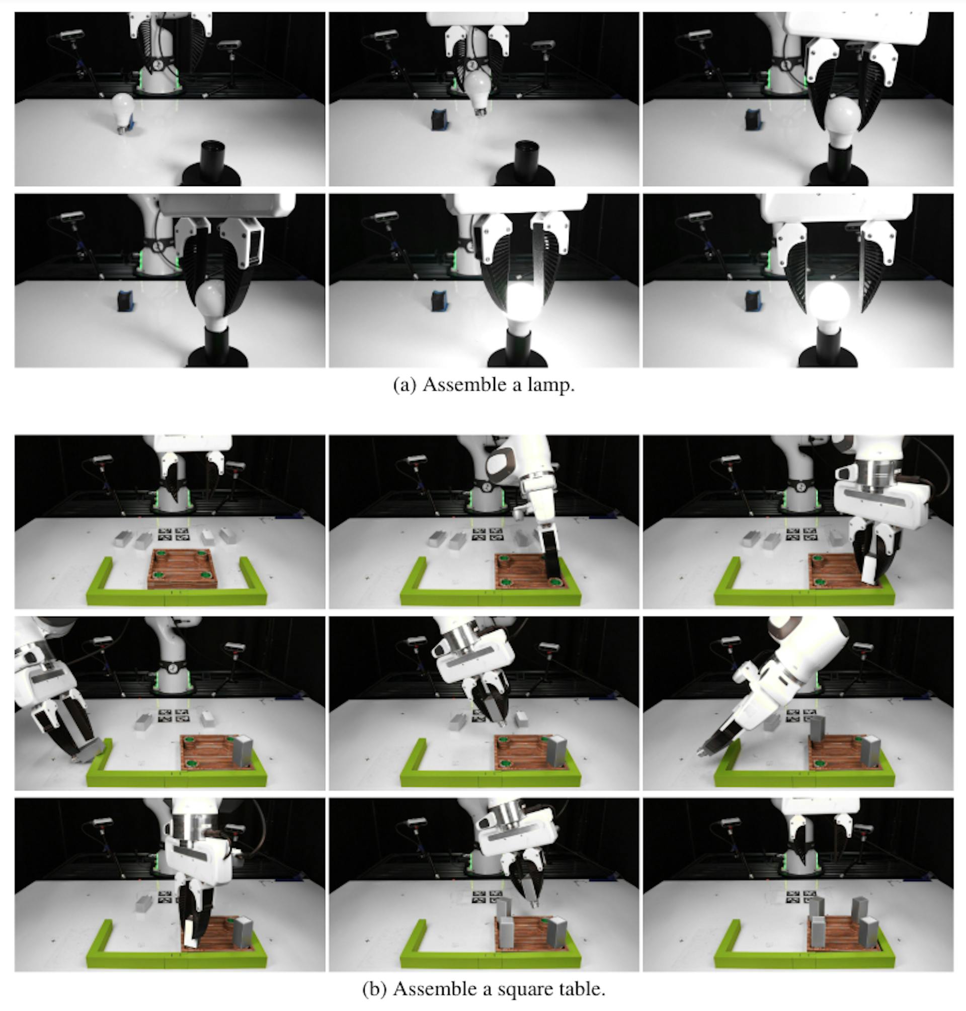 Figure 8: We demonstrate that individual skills learned with TRANSIC can be effectively chained together to enable long-horizon contact-rich manipulation. a) The robot assembles a lamp (160 seconds in 1× speed). b) The robot assembles a square table from FurnitureBench [90] (550 seconds in 1× speed). Videos are available on transic-robot.github.io.