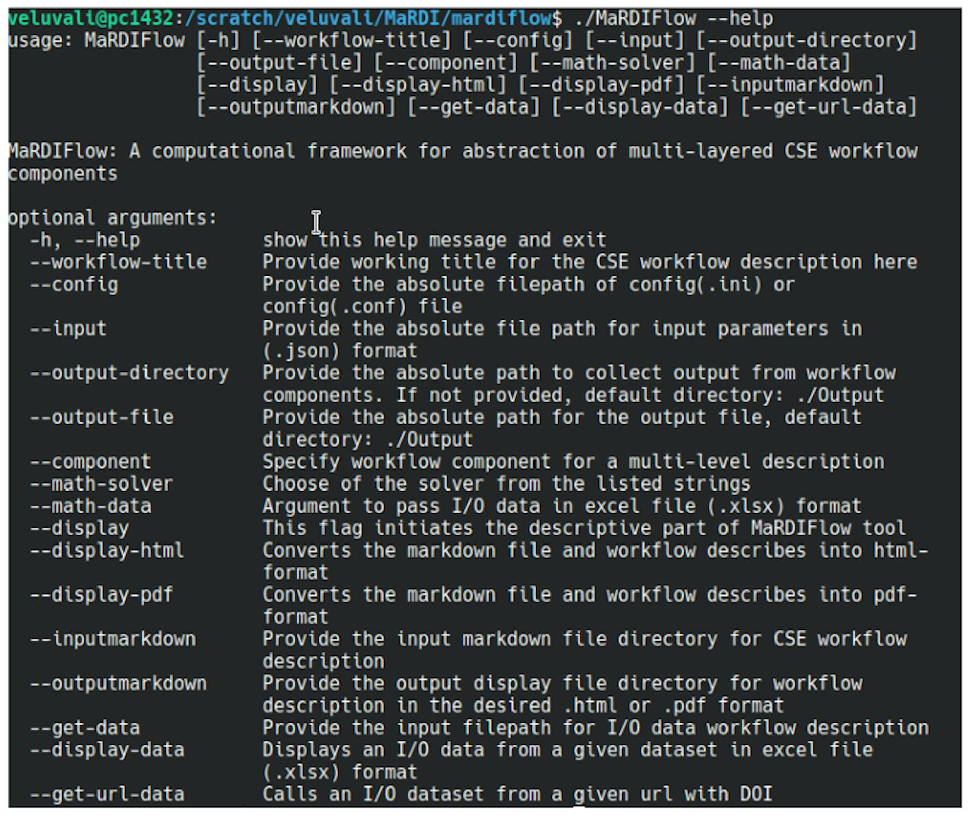 Figure 3: A screenshot illustrating the help message of our RDM tool, MaRDIFlow.