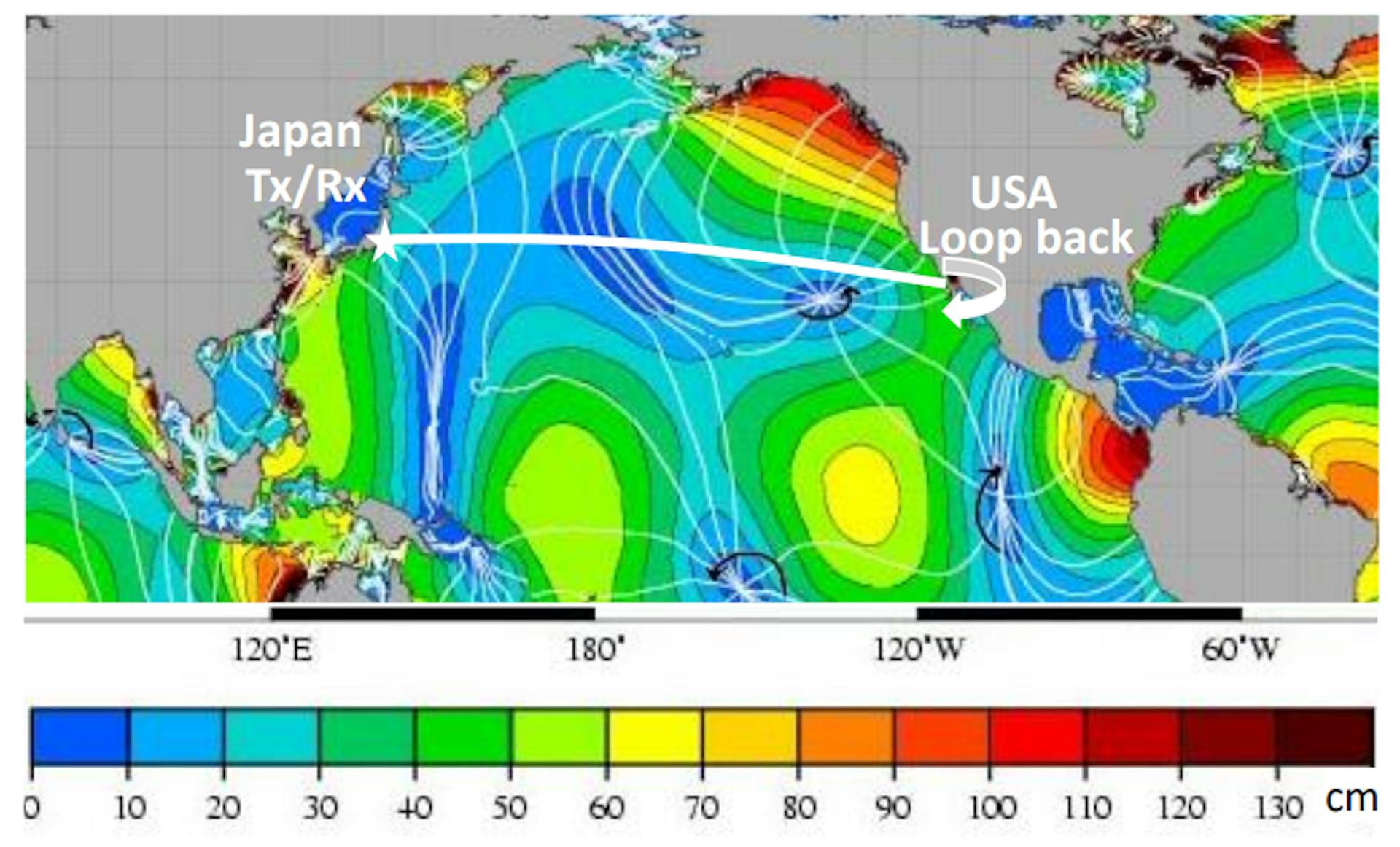 Fig.2: Dominant amplitudes (M2 constituents) for tides across the Pacific[6],[7] and approximate position of the subsea cable.