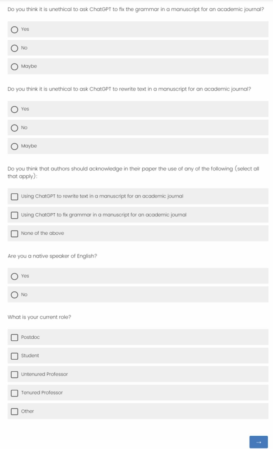 Figure 10: Survey questions (page 1)