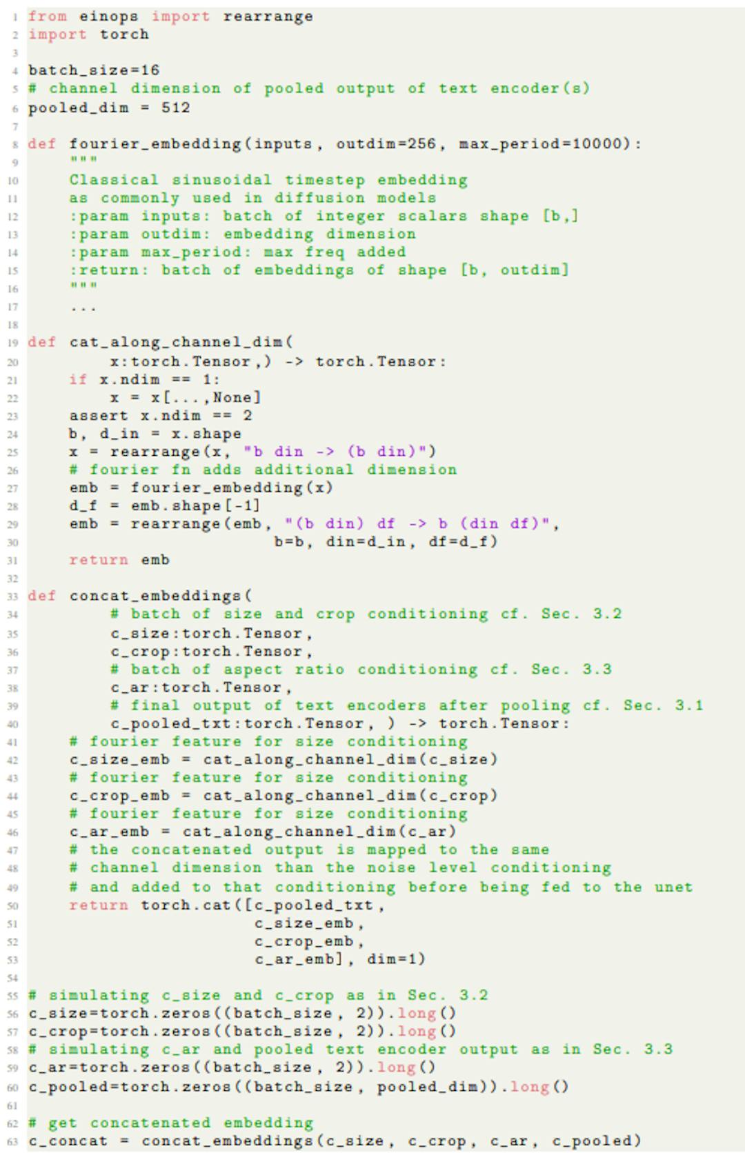 Figure 16: Python code for concatenating the additional conditionings introduced in Secs. 2.1 to 2.3 along the channel dimension.