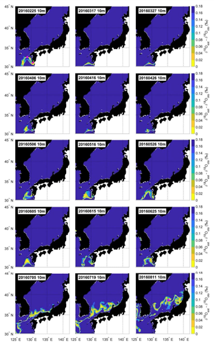 Fig. 3: Example of estimated distribution areas of the individual collected off Noto Peninsula in 2016 (Noto_2016_3), assuming the habitat depth of 10 m. The blue to yellow gradation indicates the estimated distribution areas. Spawning grounds are presented as pink circles. Sampling station is presented as pink star. The upper leftmost figure shows the estimated distribution area of the nearest hatching date and the lower rightmost figure shows the estimated distribution area of the nearest sampling date.