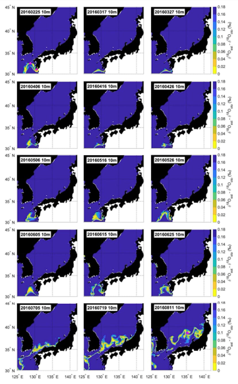 Fig. 3: Example of estimated distribution areas of the individual collected off Noto Peninsula in 2016 (Noto_2016_3), assuming the habitat depth of 10 m. The blue to yellow gradation indicates the estimated distribution areas. Spawning grounds are presented as pink circles. Sampling station is presented as pink star. The upper leftmost figure shows the estimated distribution area of the nearest hatching date and the lower rightmost figure shows the estimated distribution area of the nearest sampling date. 