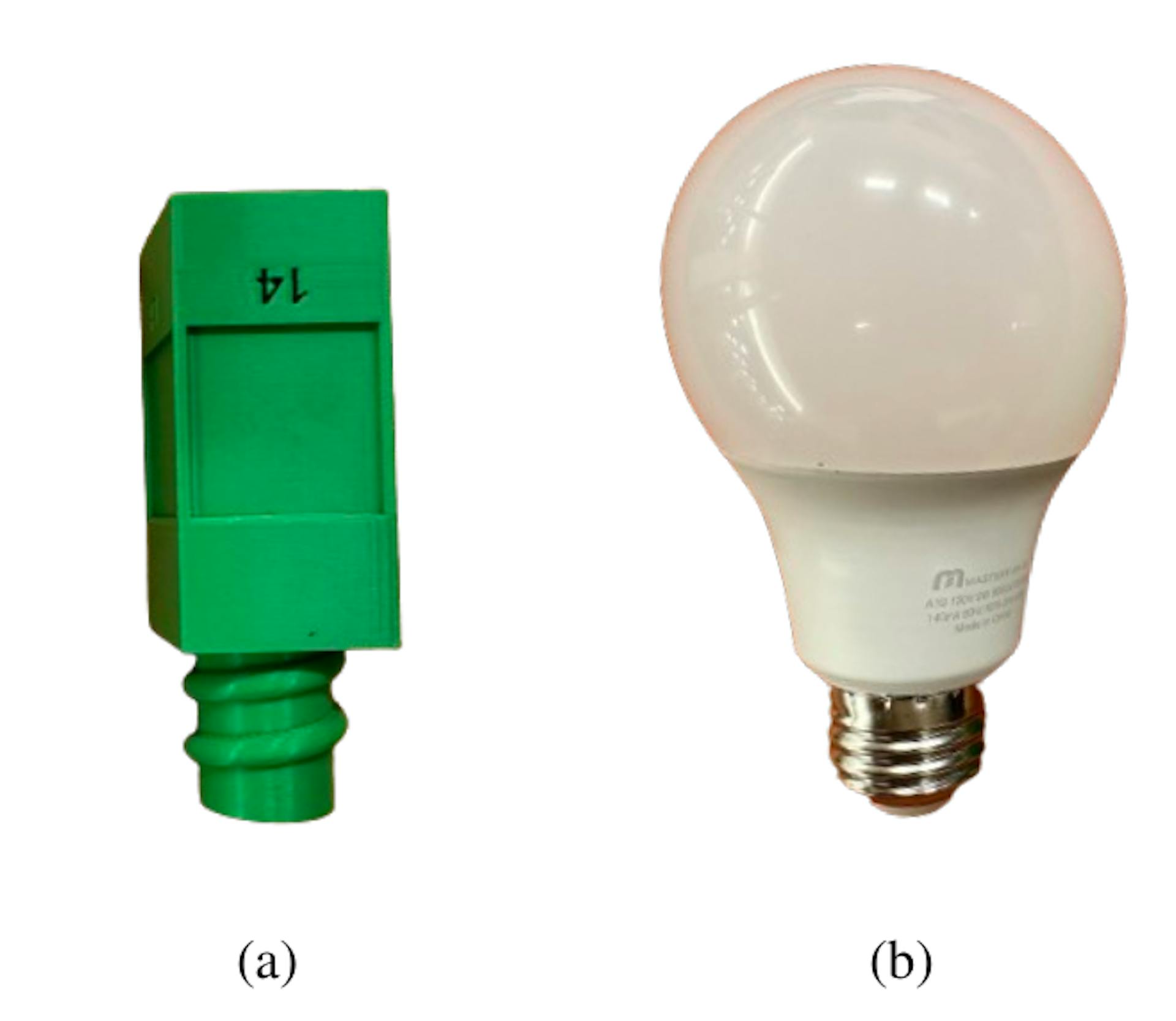 Figure A.13: Two objects used to create asset mismatch. a) Policies are trained with the table leg. b) We test policies with an unseen light bulb.