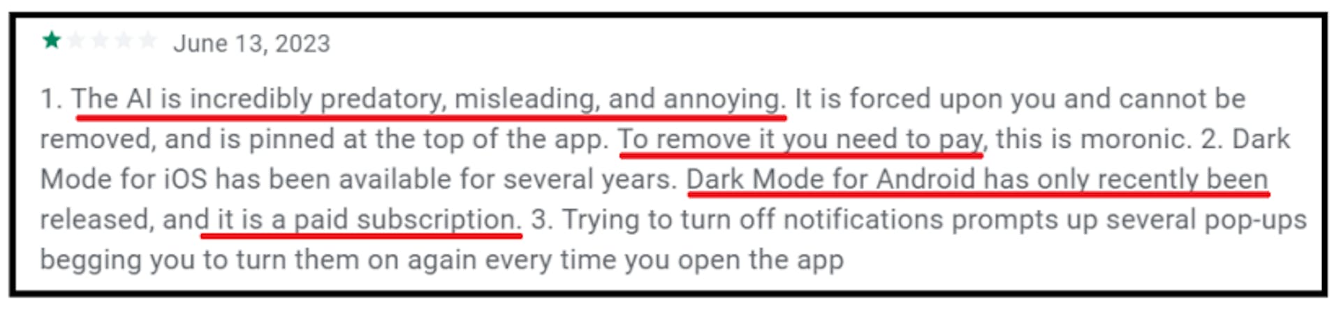 Fig. 1. App review for Snapchat from Google Play Store. Underlined text indicates inclusiveness concern.