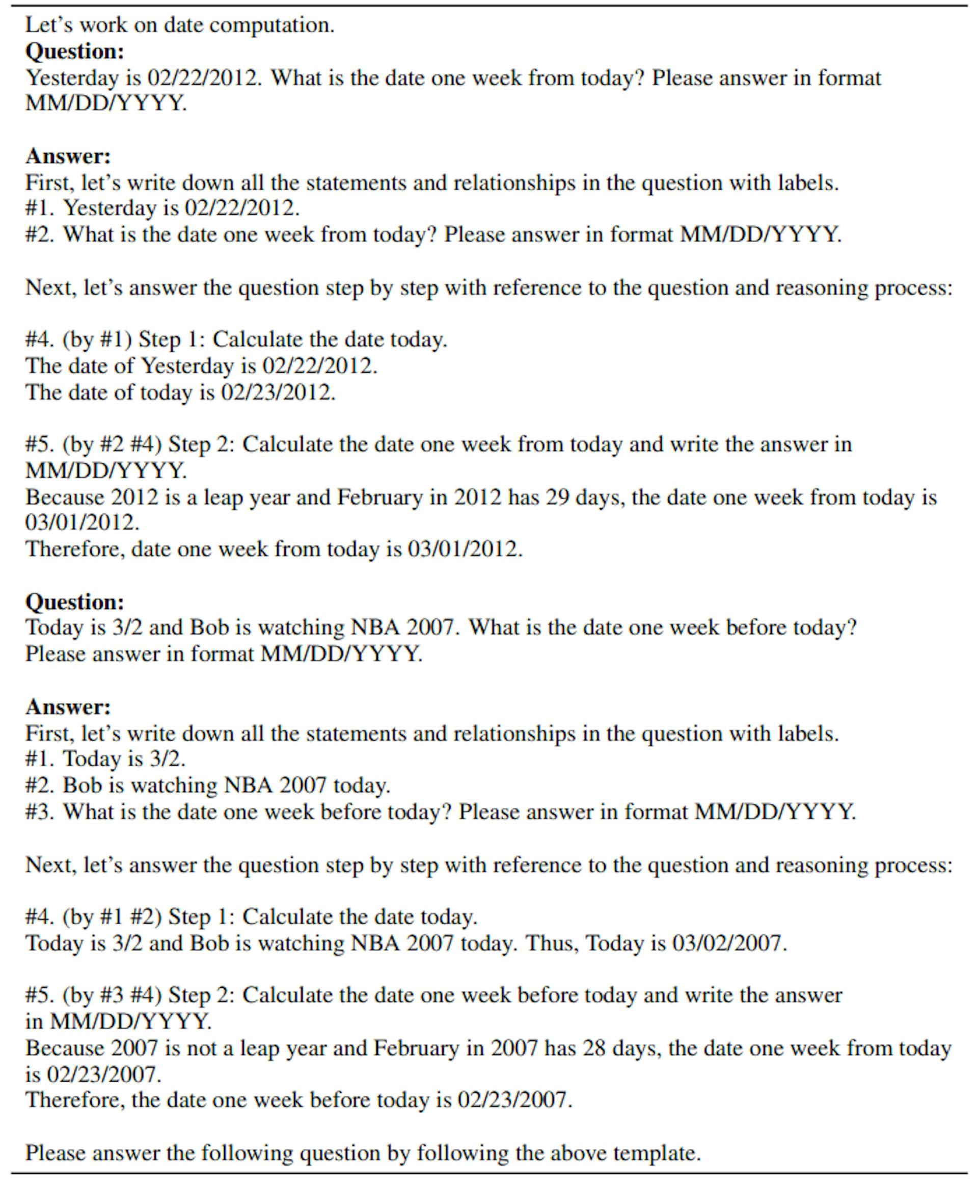 Table 15: Two-shot Natural Program prompt for reasoning chain generation on the Date dataset.