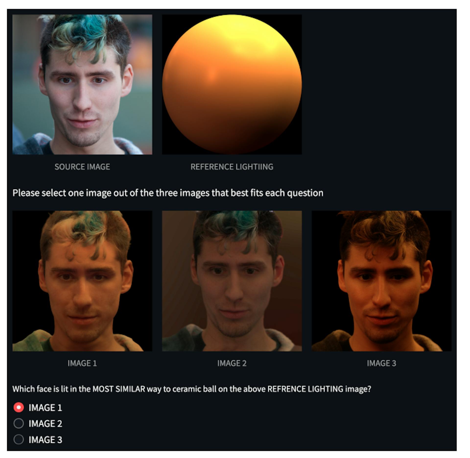 Figure 11. User Study Interface comparing relighting results with prior approaches, focusing on consistency in lighting, preservation of facial details, and retention of original identity.