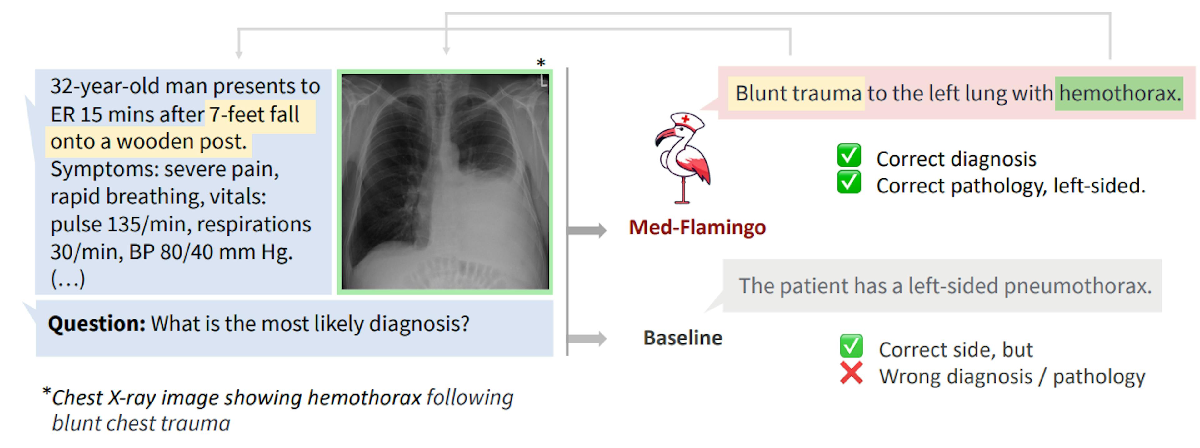 Figure 1: Example of how Med-Flamingo answers complex multimodal medical questions by generating open-ended responses conditioned on textual and visual information.