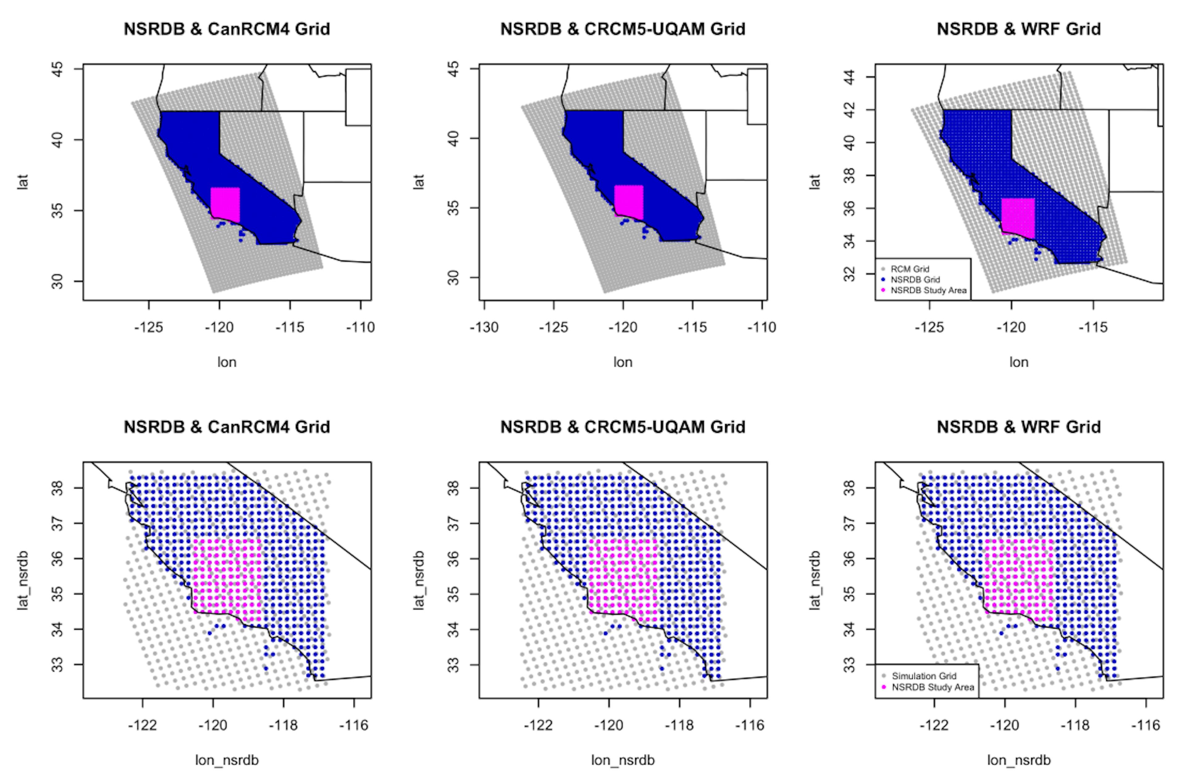 Figure A1. Top: original RCM grid for the three RCMs used in the regridding study plotted with NSRDB grid in blue. Magenta points represent the study area from the regridding study in the main text. Bottom: subsetted grids used in the simulation study.