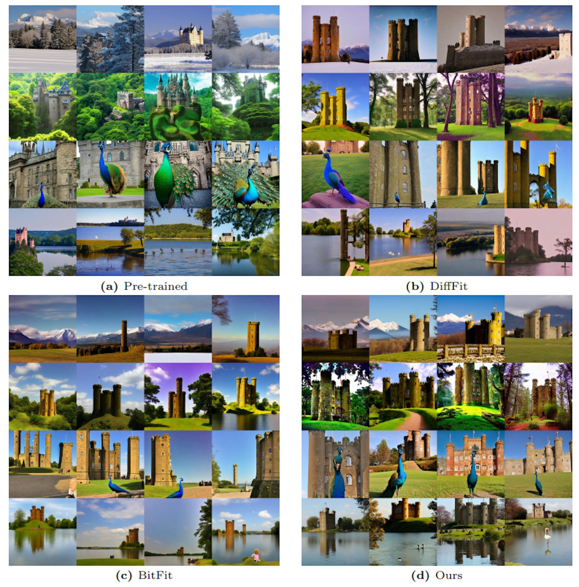 Fig. 9: Images sampled from Stable Diffusion [49] checkpoints fine-tuned with different approaches. The text prompts used to generate images from top to bottom are: “The <castle> stands against a backdrop of snow-capped mountains”, “A <castle> surrounded by a lush, vibrant forest”, “A peacock in front of the <castle>”, and ‘The <castle> overlooks a serene lake, where a family of geese swims”.