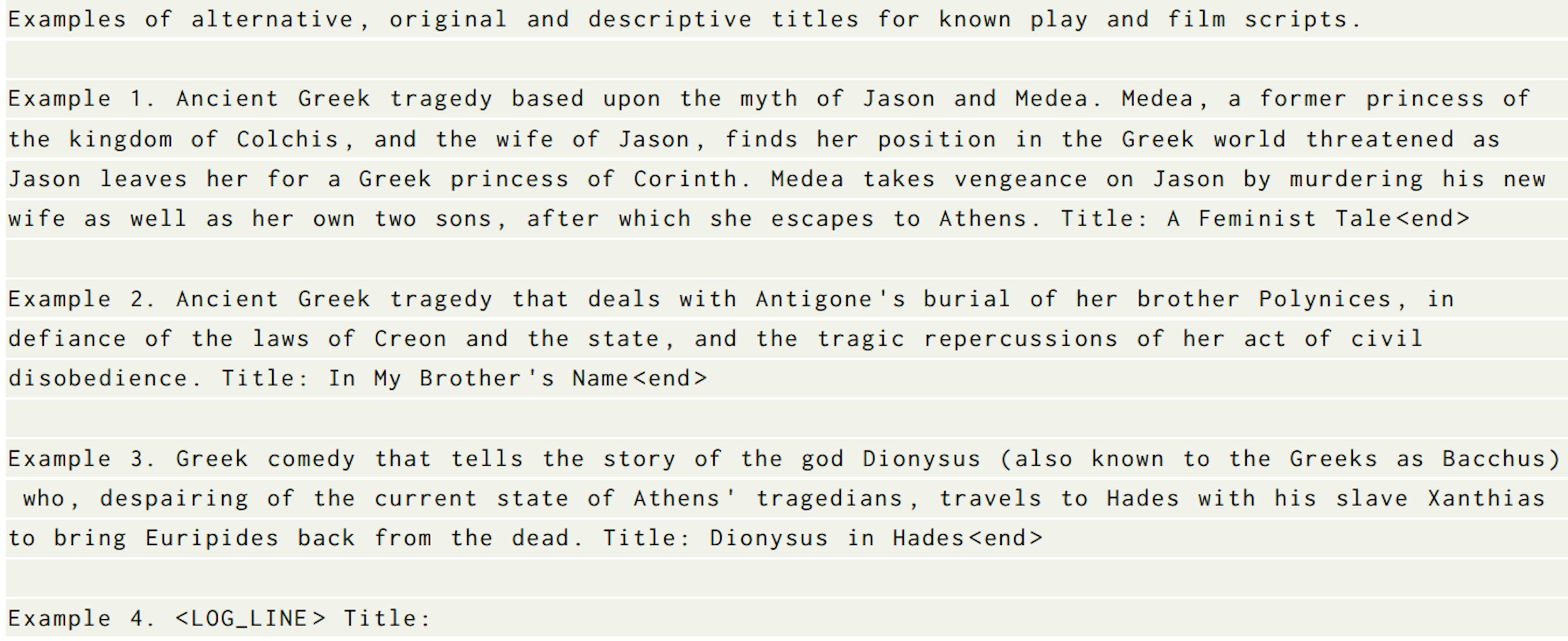 Listing 1. Title prompt prefixes to generate a title from a log line (Medea).